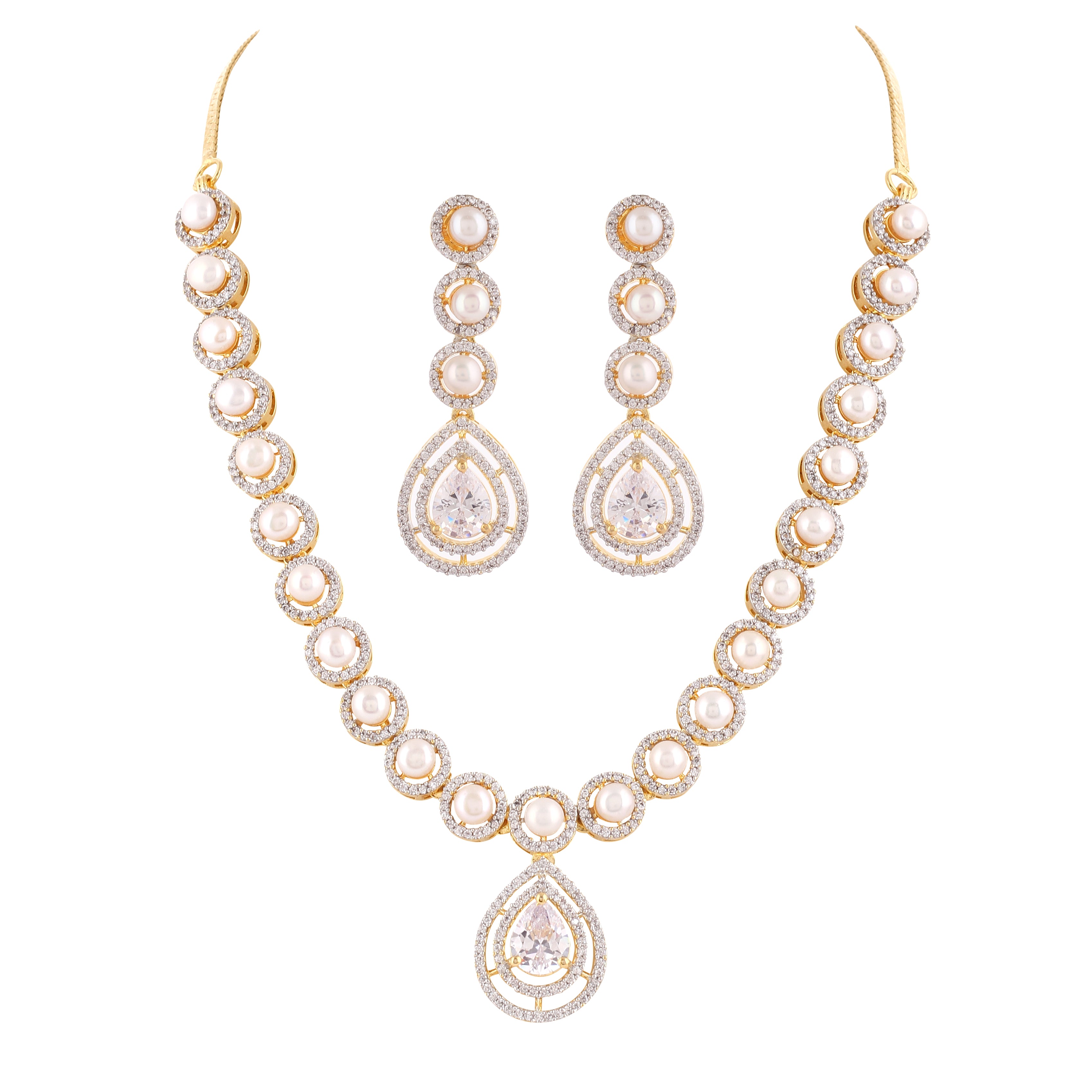 Beautiful Elegant Cz Stone N Real Button Pearls Necklace Set For Women With Certificate(D.No ADPRLS2035)