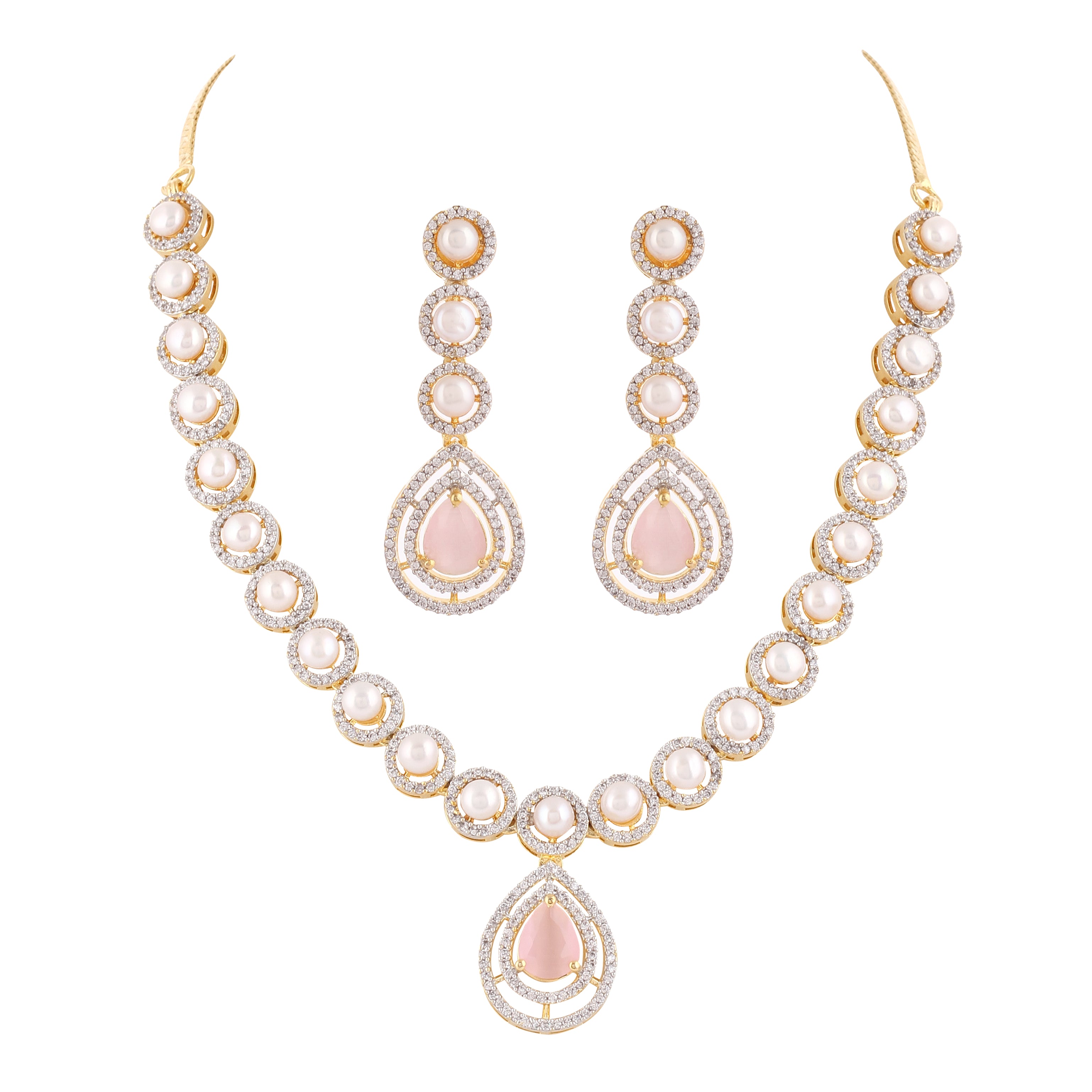 Beautiful Elegant Cz Stone N Real Button Pearls Necklace Set For Women With Certificate(D.No ADPRLS2036)