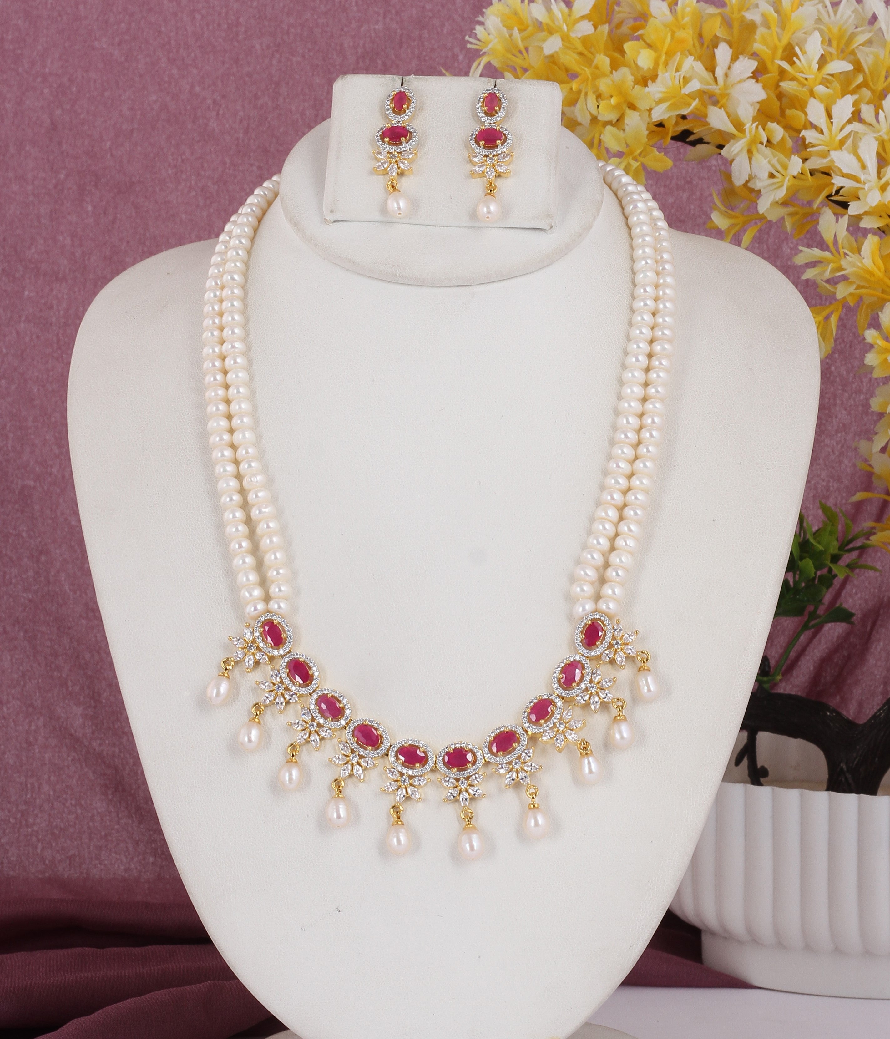 Real Natural Fresh Water Double String Pearl Set With Certificate For Women (D.No ADPRLS2045)