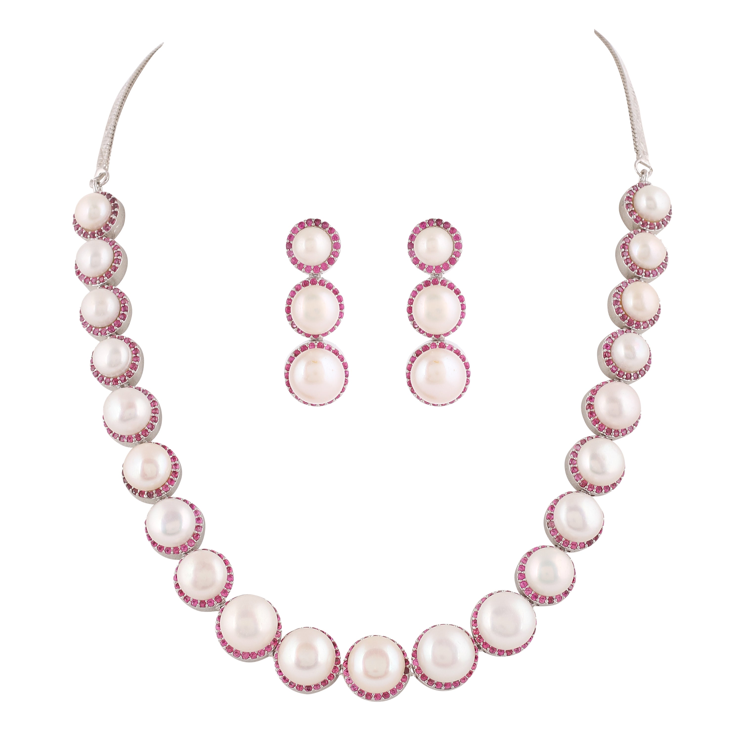Cz Stone Studded Necklace Set With Real Button Pearls And Certificate For Pearls(D.No ADPRLS2056)