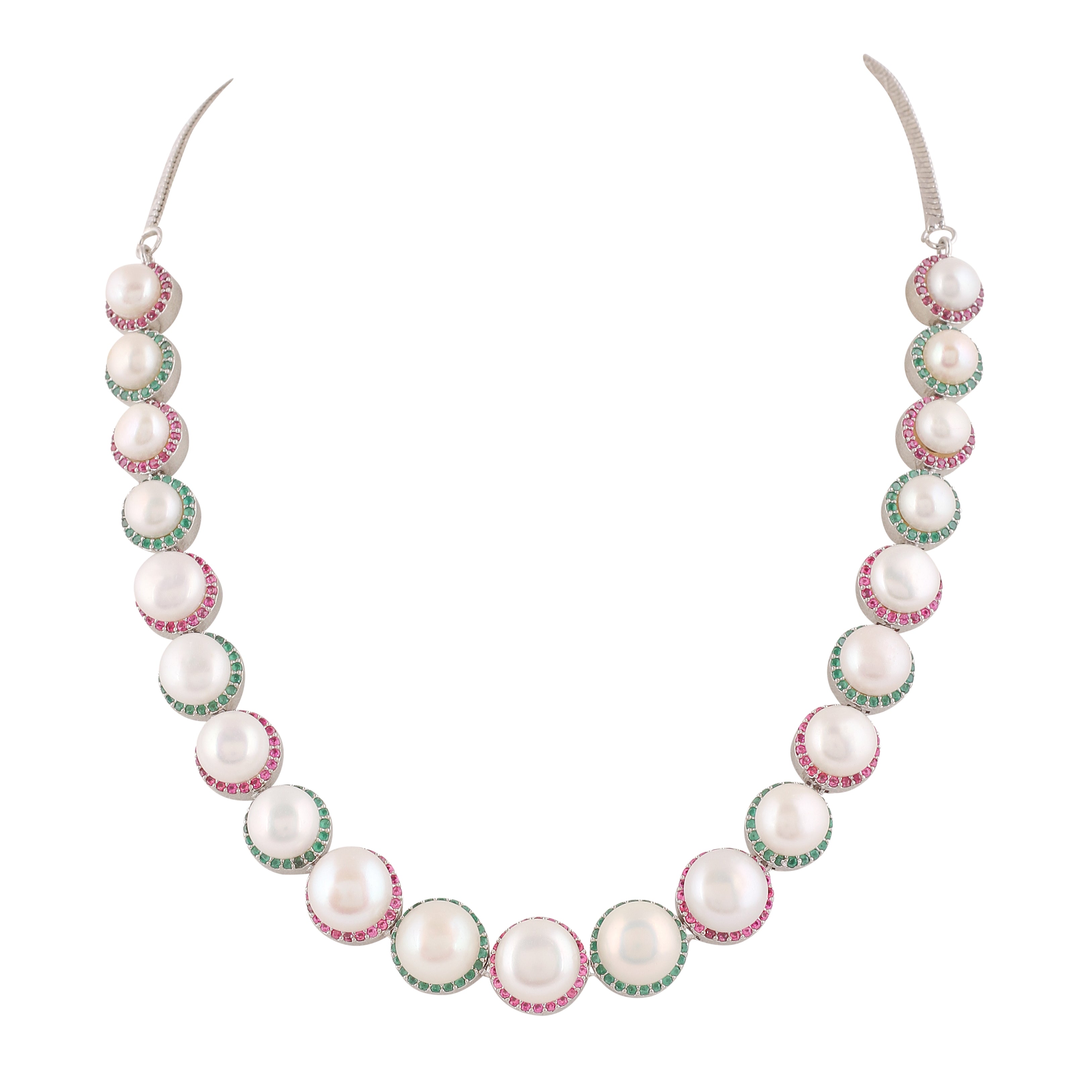 Cz Stone Studded Necklace Set With Real Button Pearls And Certificate For Pearls(D.No ADPRLS2057)