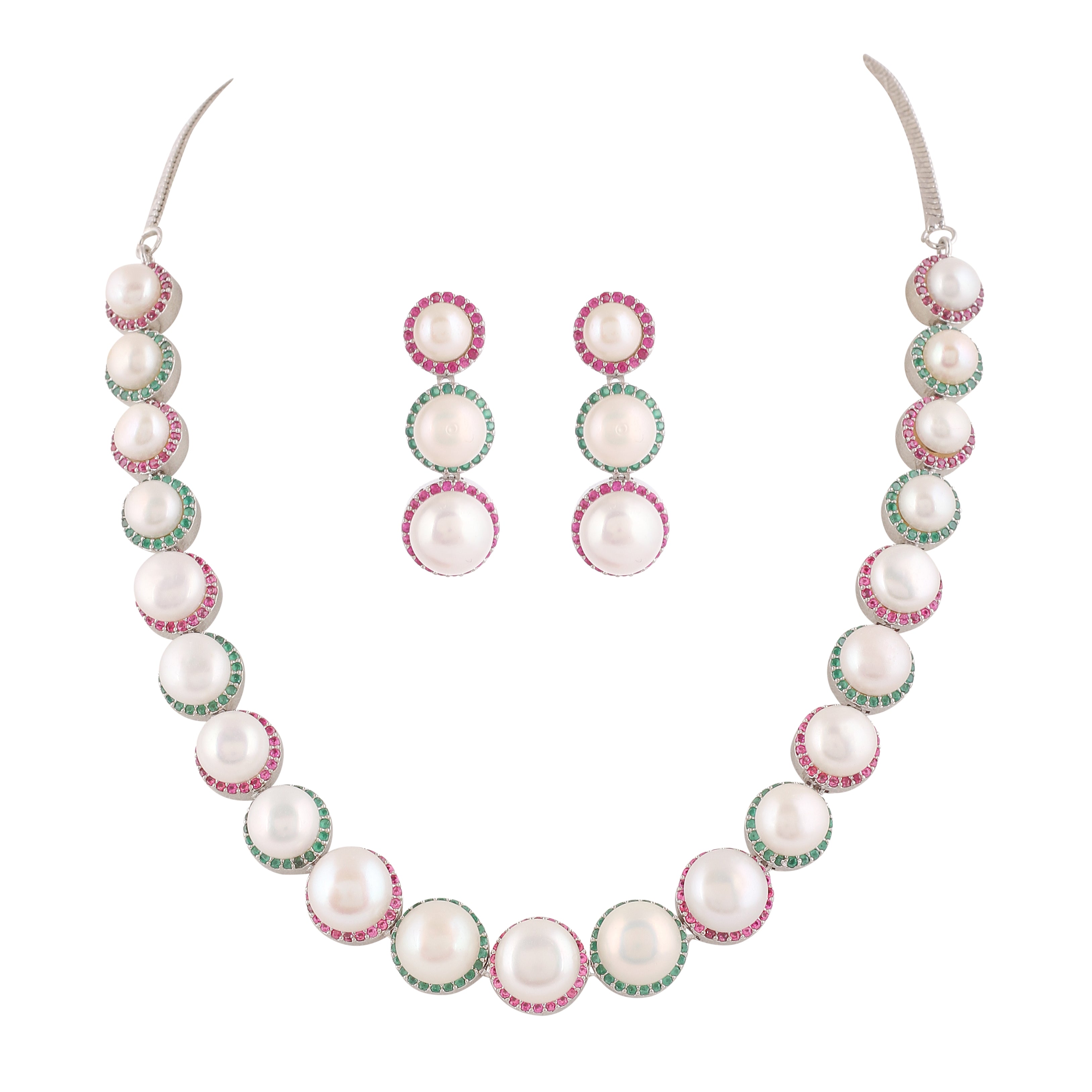 Cz Stone Studded Necklace Set With Real Button Pearls And Certificate For Pearls(D.No ADPRLS2057)