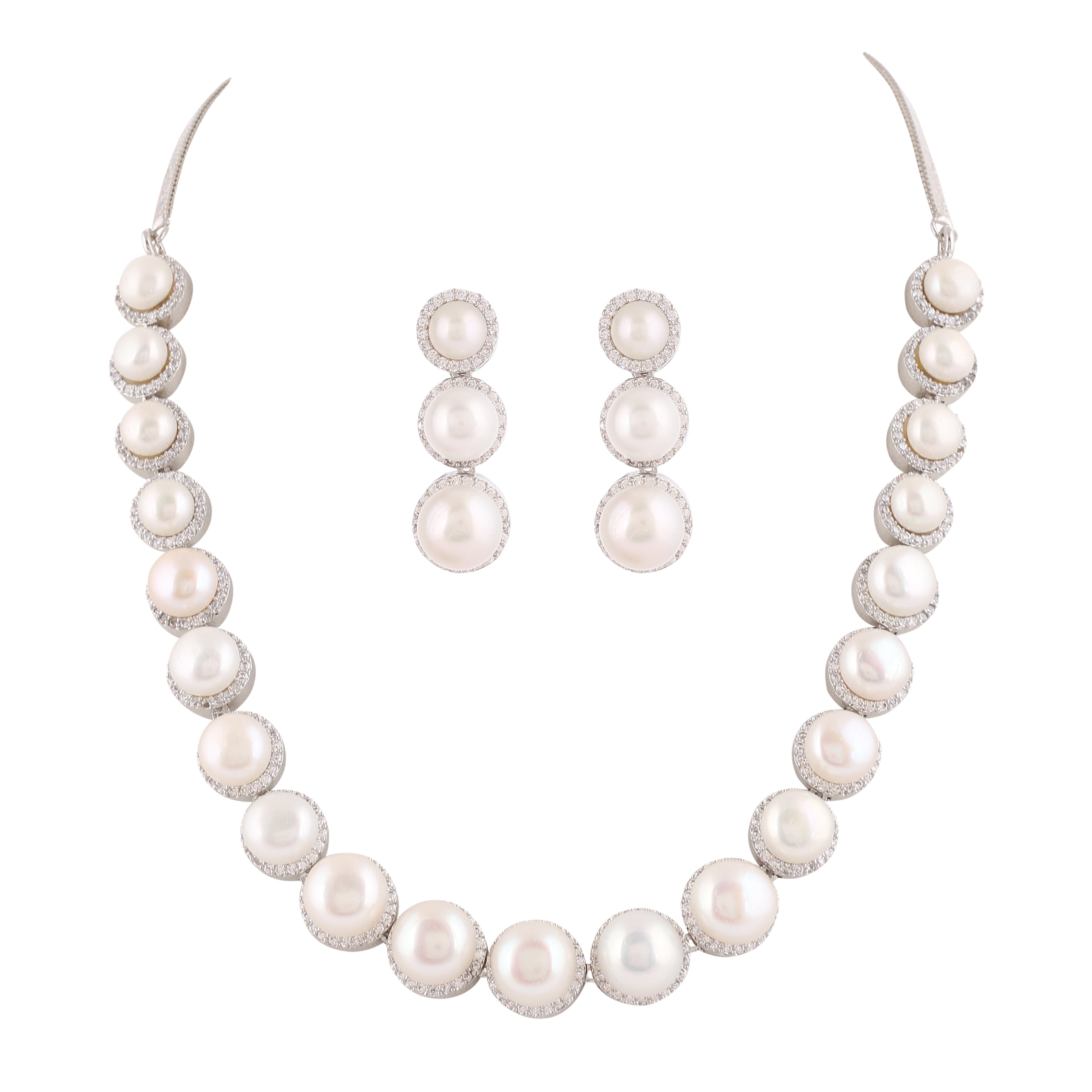 Cz Stone Studded Necklace Set With Real Button Pearls And Certificate For Pearls(D.No ADPRLS2059)