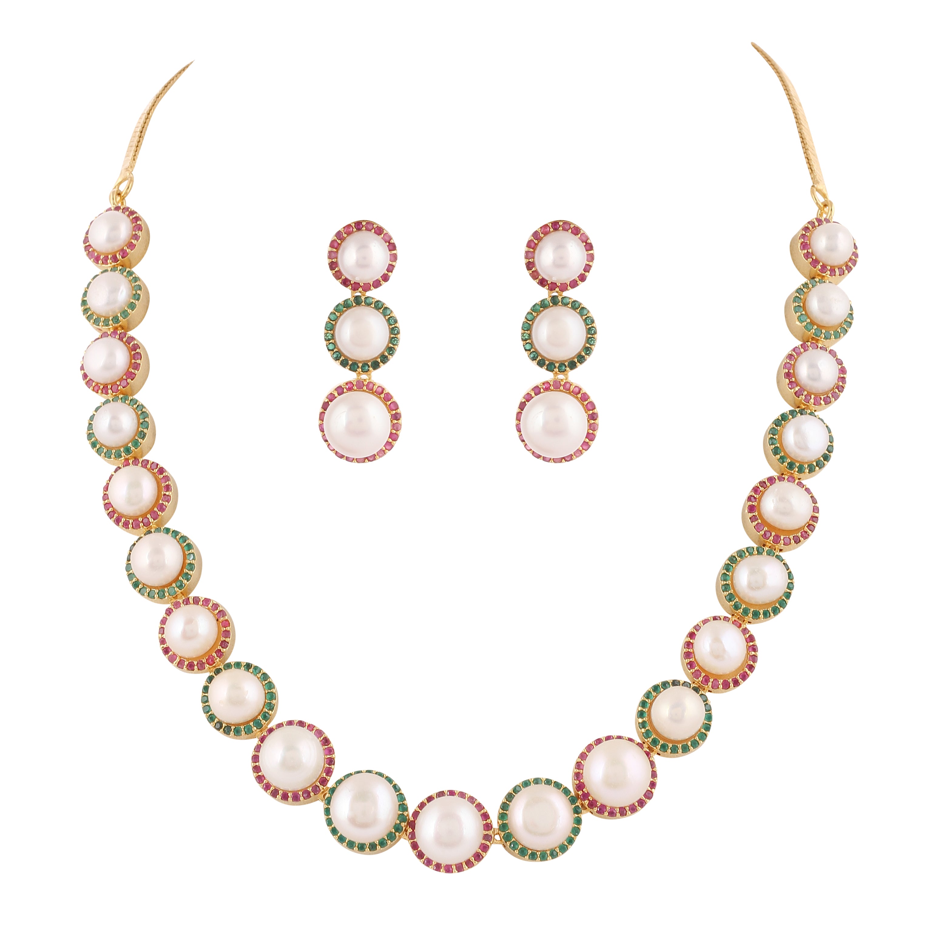 Cz Stone Studded Necklace Set With Real Button Pearls And Certificate For Pearls(D.No ADPRLS2060)