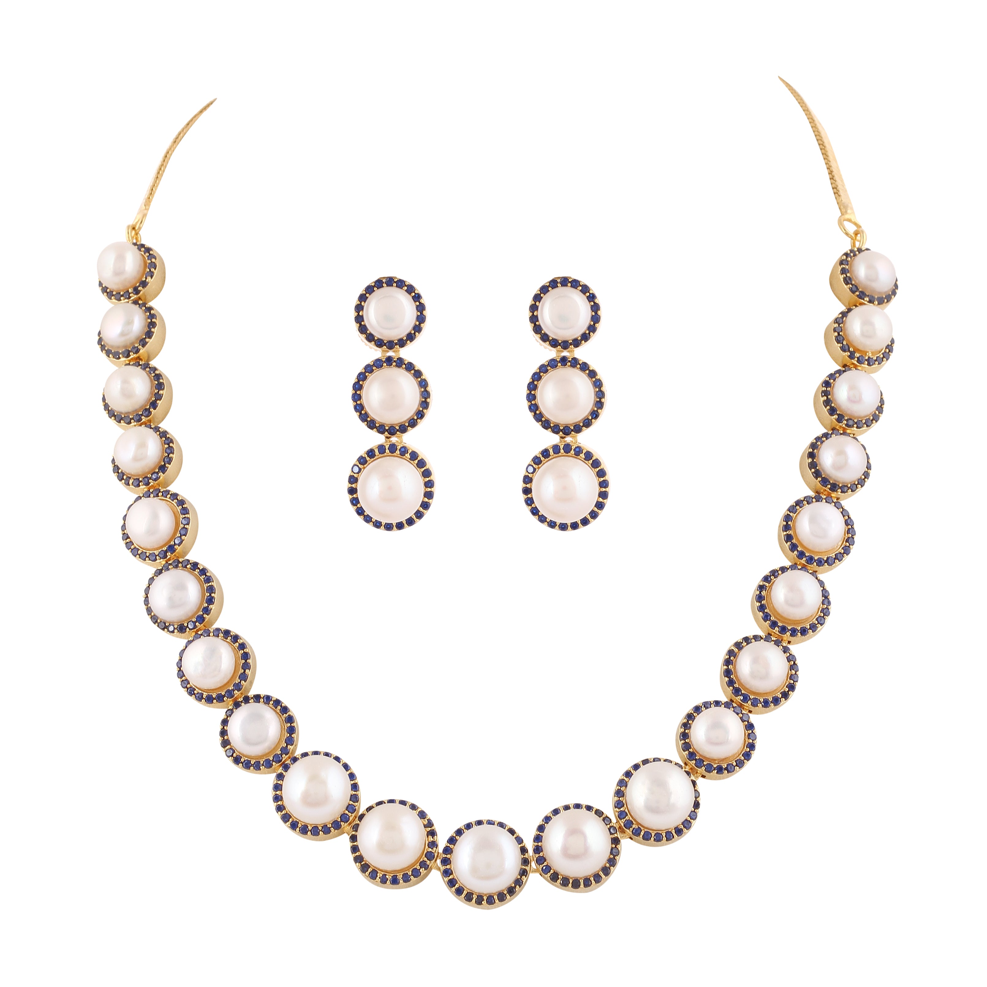 Cz Stone Studded Necklace Set With Real Button Pearls And Certificate For Pearls(D.No ADPRLS2061)