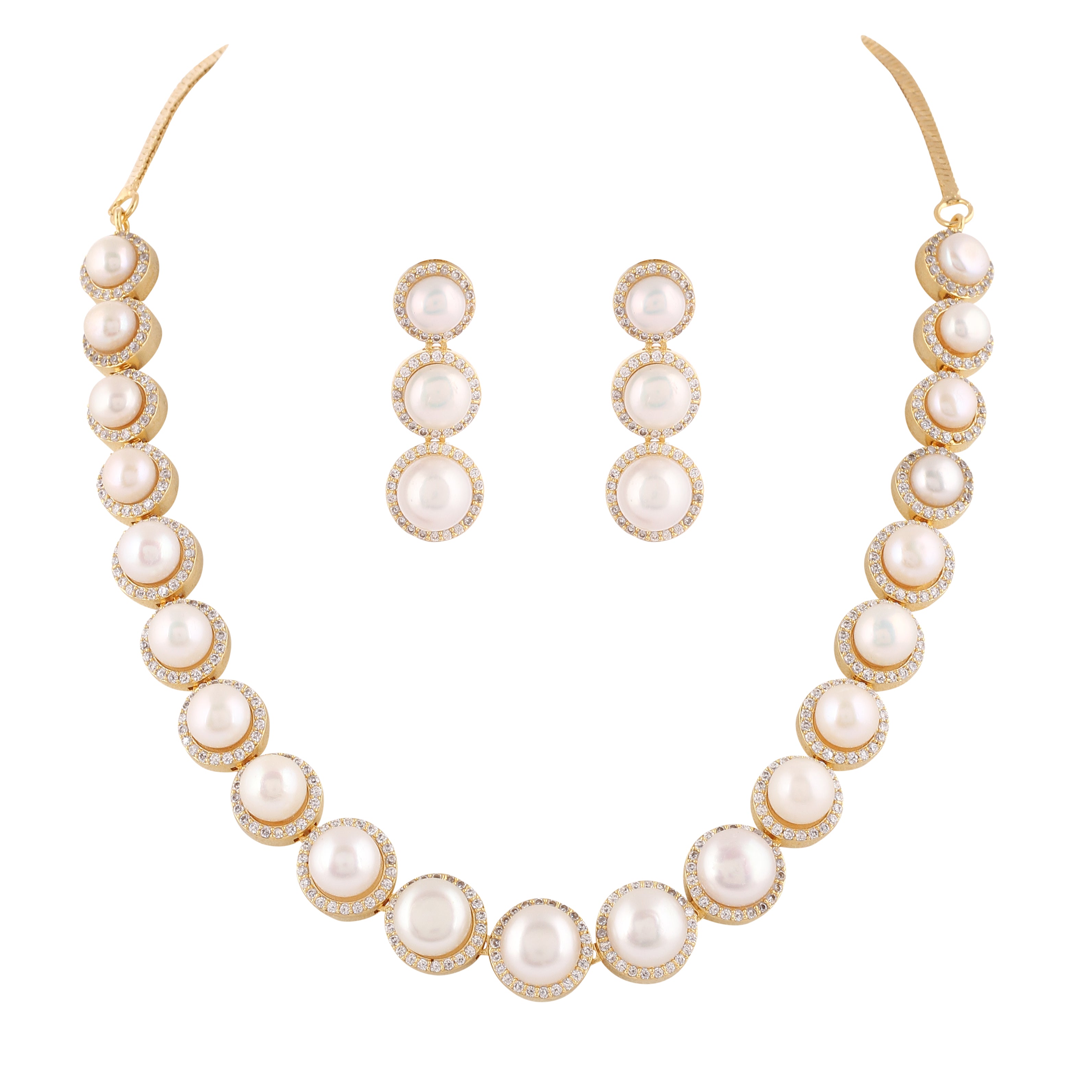 Cz Stone Studded Necklace Set With Real Button Pearls And Certificate For Pearls(D.No ADPRLS2062)