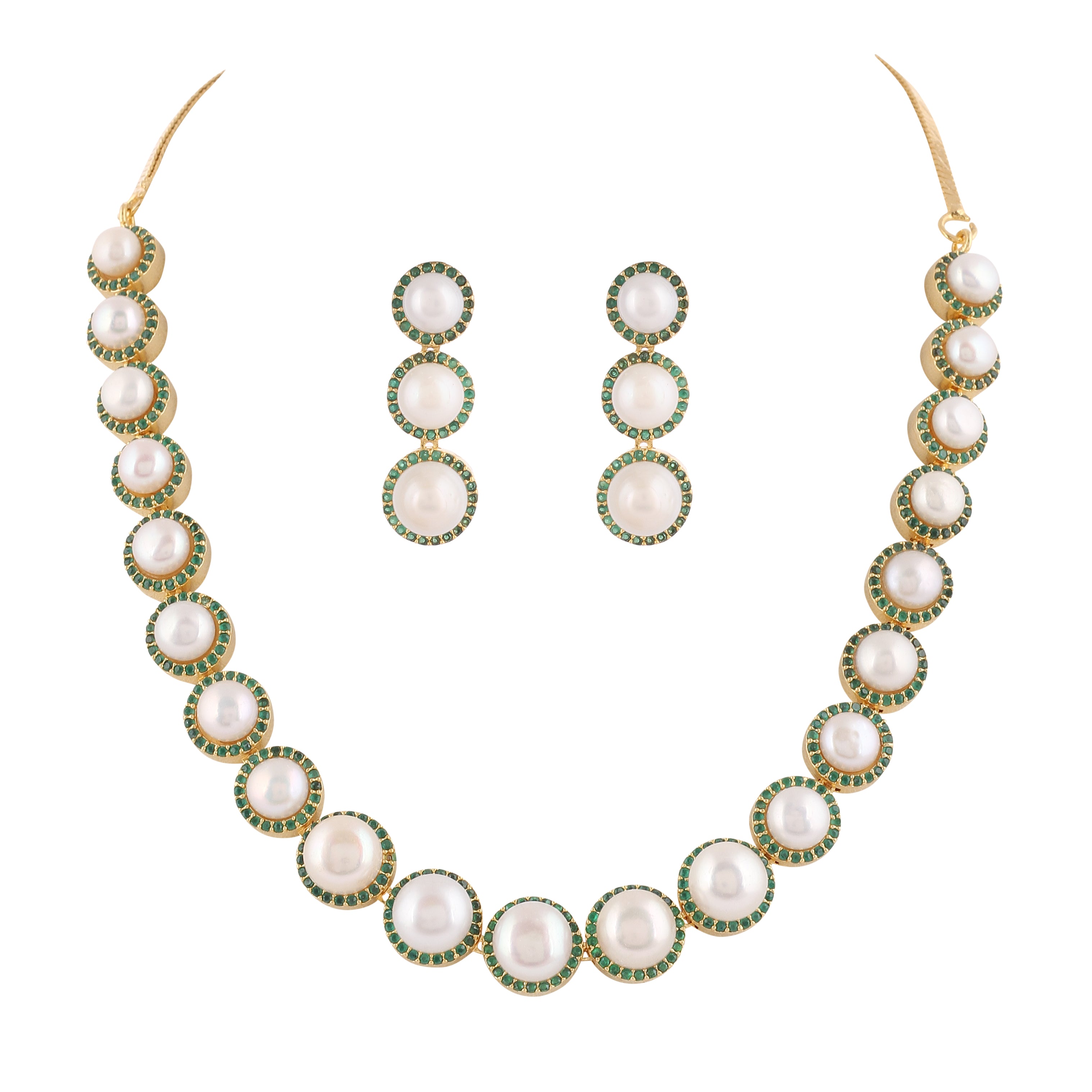 Cz Stone Studded Necklace Set With Real Button Pearls And Certificate For Pearls(D.No ADPRLS2063)