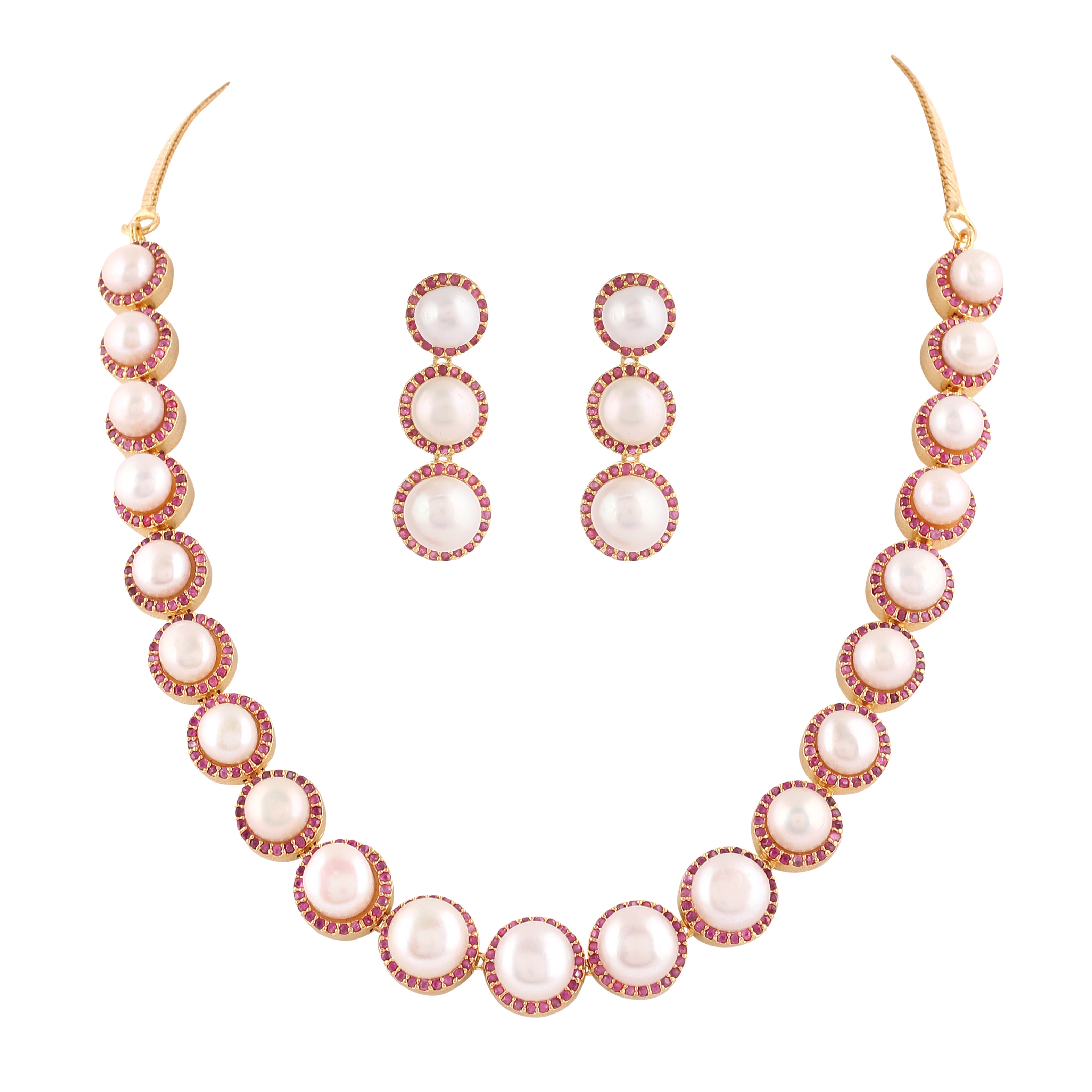Cz Stone Studded Necklace Set With Real Button Pearls And Certificate For Pearls(D.No ADPRLS2064)