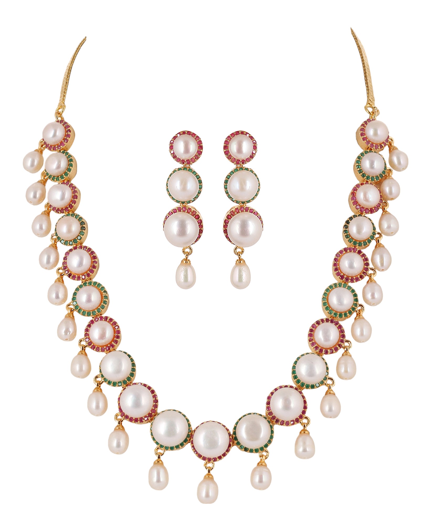 Cz Stone Studded Necklace Set With Real Button Pearls And Pearl Drops n Certificate For Pearls(D.No ADPRLS2065)
