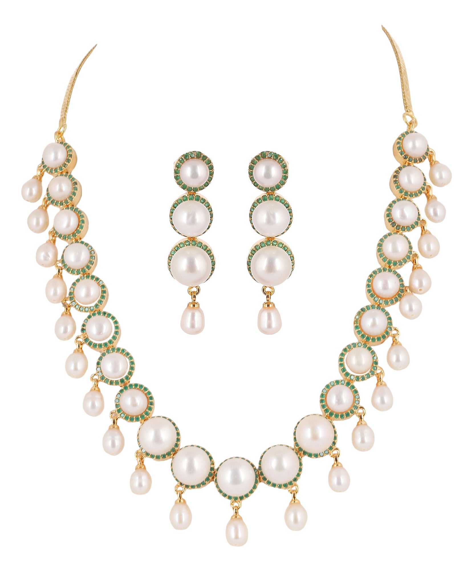 Cz Stone Studded Necklace Set With Real Button Pearls And Pearl Drops n Certificate For Pearls(D.No ADPRLS2066)