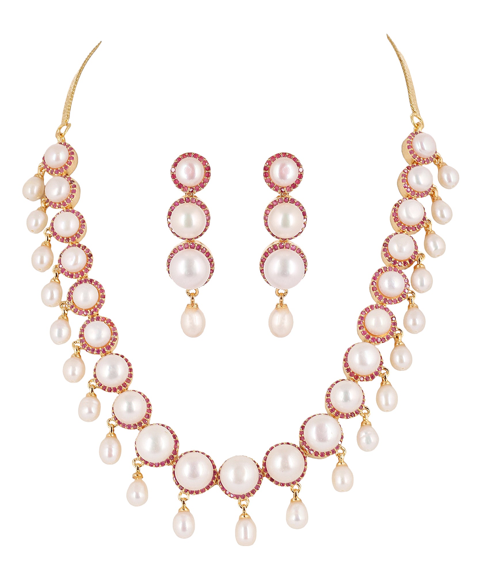 Cz Stone Studded Necklace Set With Real Button Pearls And Pearl Drops n Certificate For Pearls(D.No ADPRLS2067)