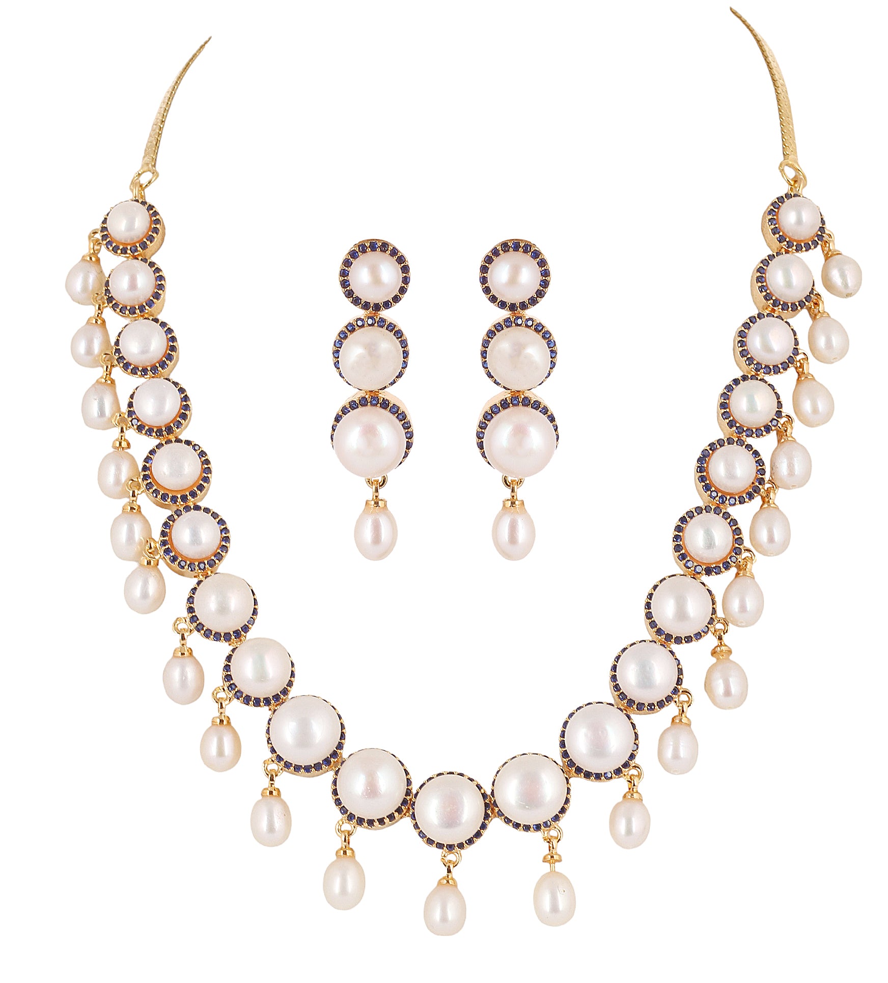 Cz Stone Studded Necklace Set With Real Button Pearls And Pearl Drops n Certificate For Pearls(D.No ADPRLS2068)