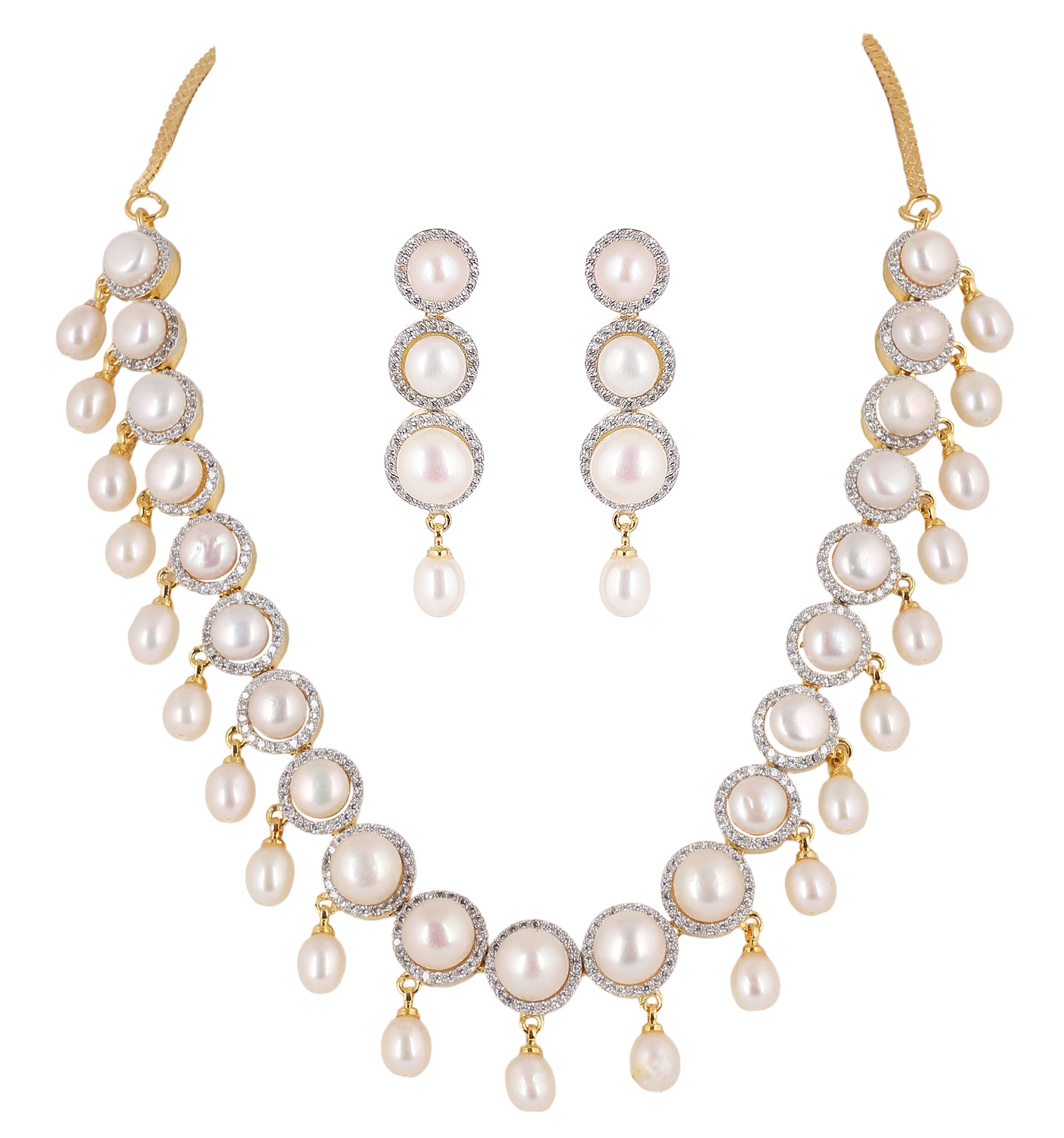 Cz Stone Studded Necklace Set With Real Button Pearls And Pearl Drops n Certificate For Pearls(D.No ADPRLS2069)