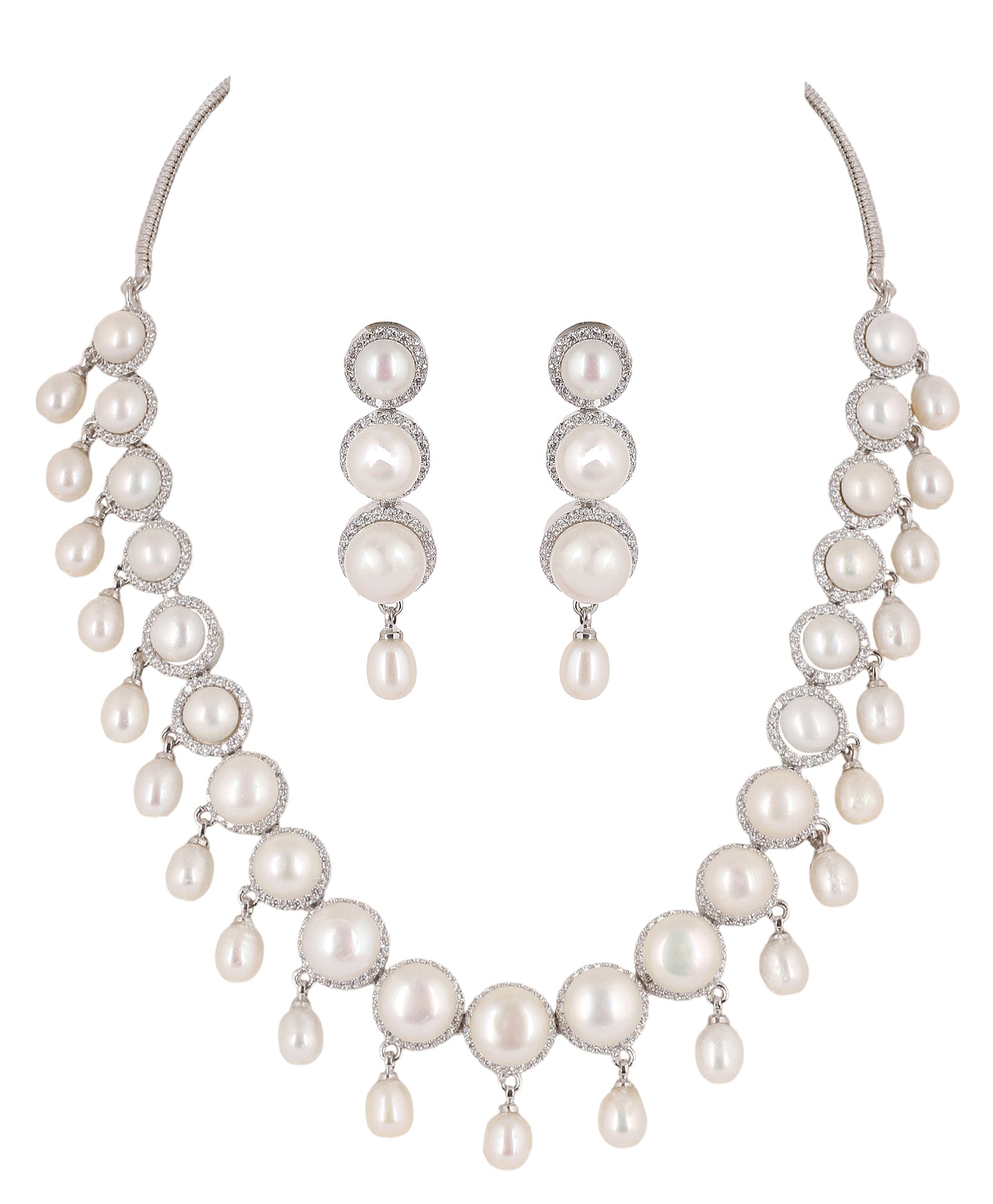 Cz Stone Studded Necklace Set With Real Button Pearls And Pearl Drops n Certificate For Pearls(D.No ADPRLS2070)