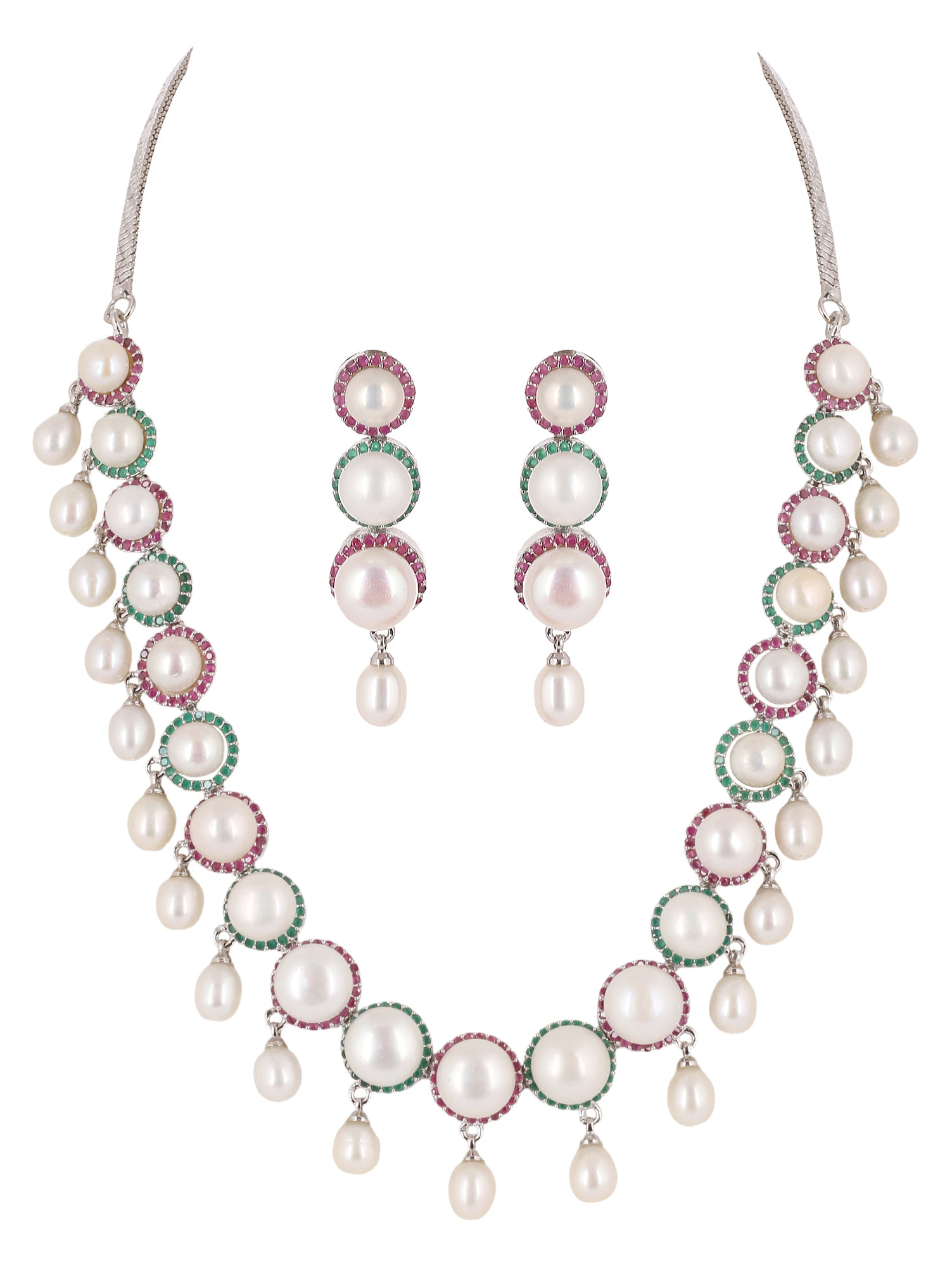 Cz Stone Studded Necklace Set With Real Button Pearls And Pearl Drops n Certificate For Pearls(D.No ADPRLS2071)