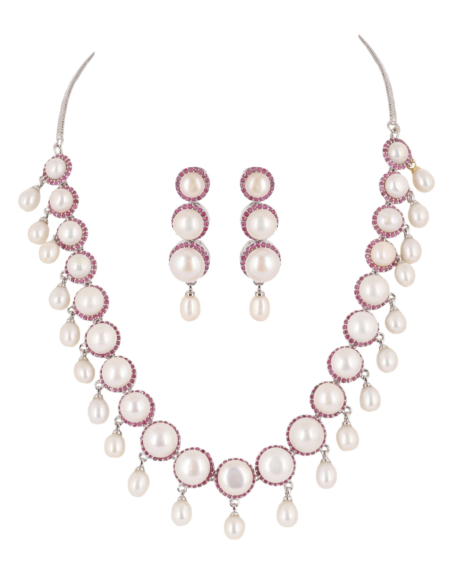 Cz Stone Studded Necklace Set With Real Button Pearls And Pearl Drops n Certificate For Pearls(D.No ADPRLS2072)