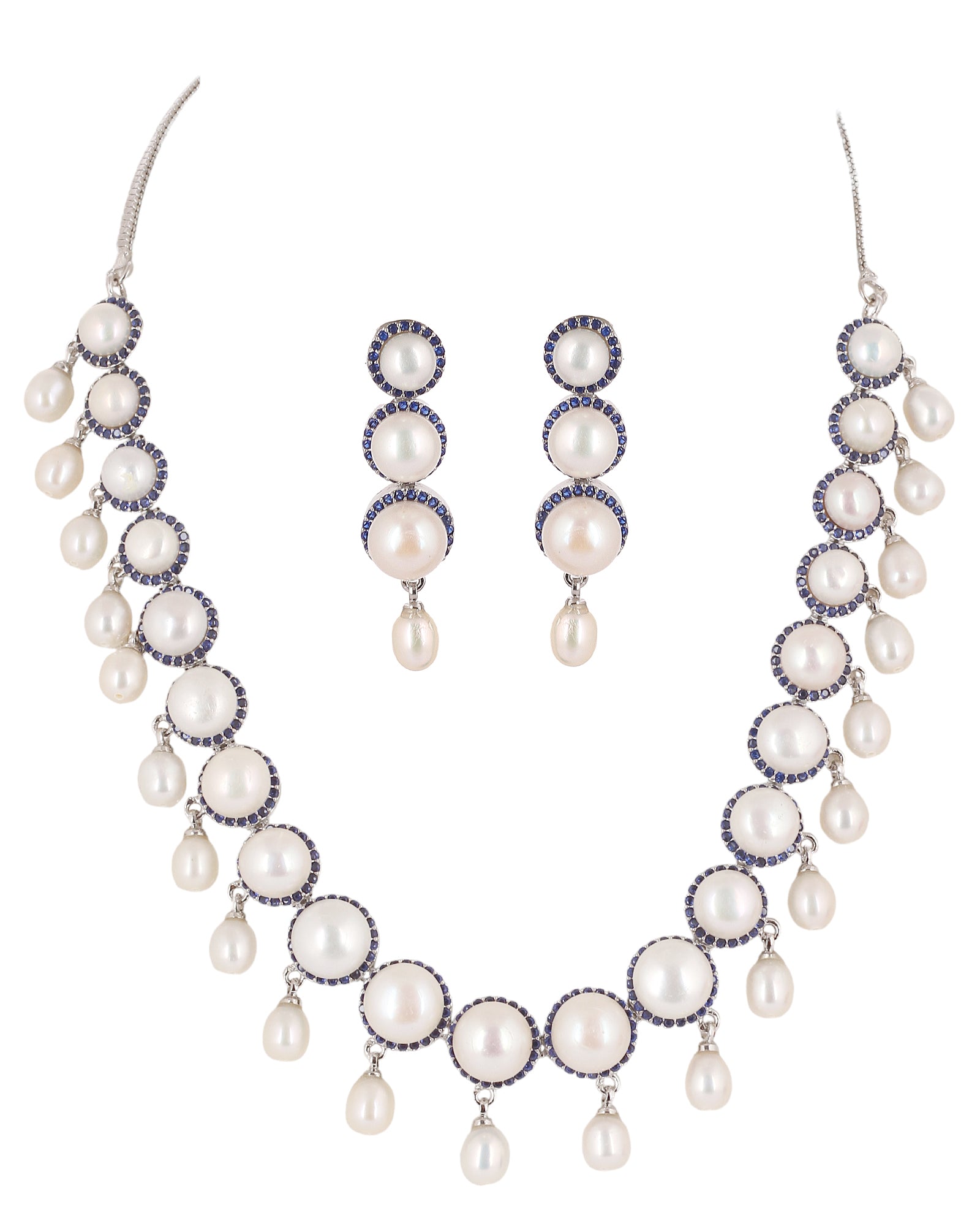 Cz Stone Studded Necklace Set With Real Button Pearls And Pearl Drops n Certificate For Pearls(D.No ADPRLS2074)