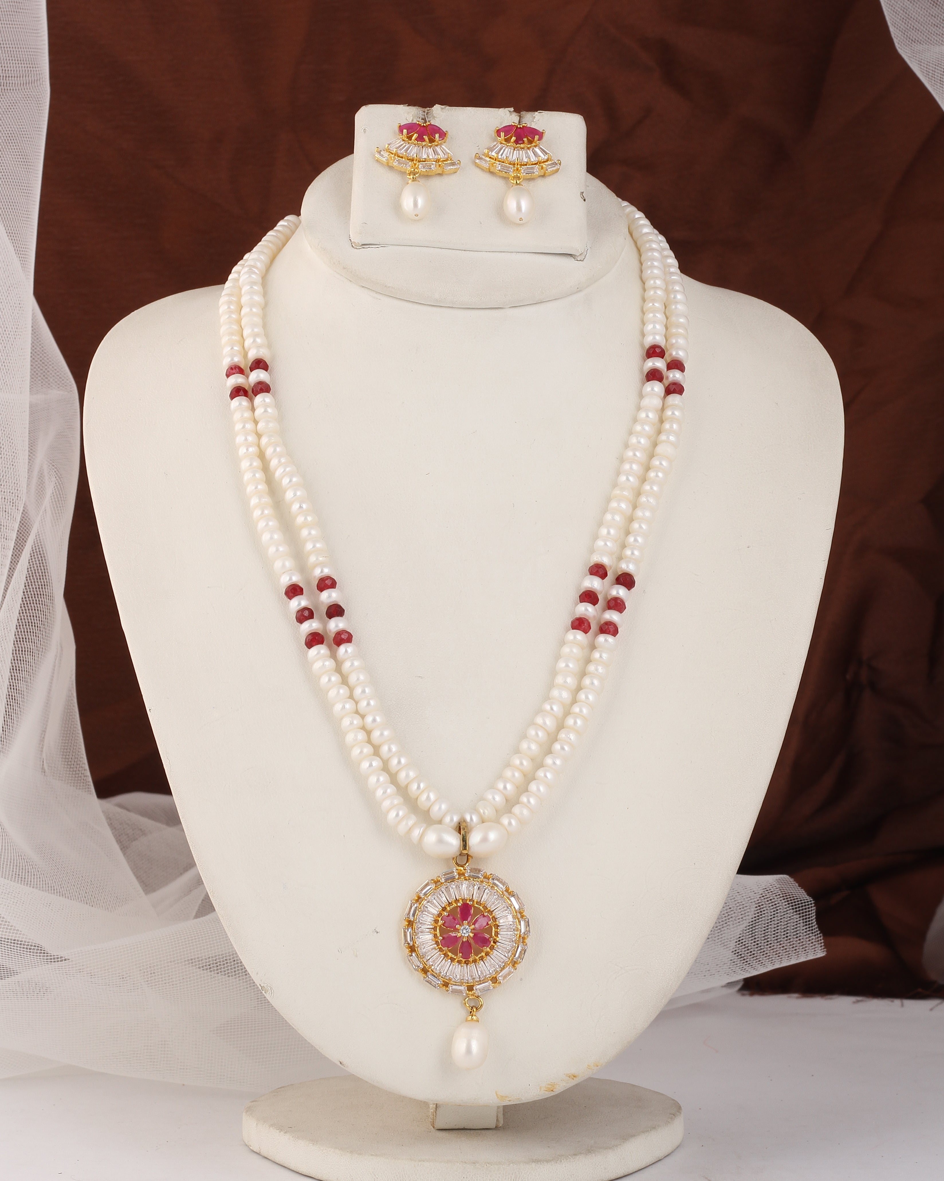 Authentic Real Natural Fresh Water Double Line Pearl Set For Women With Certificate(D.No ADPRLS2532)