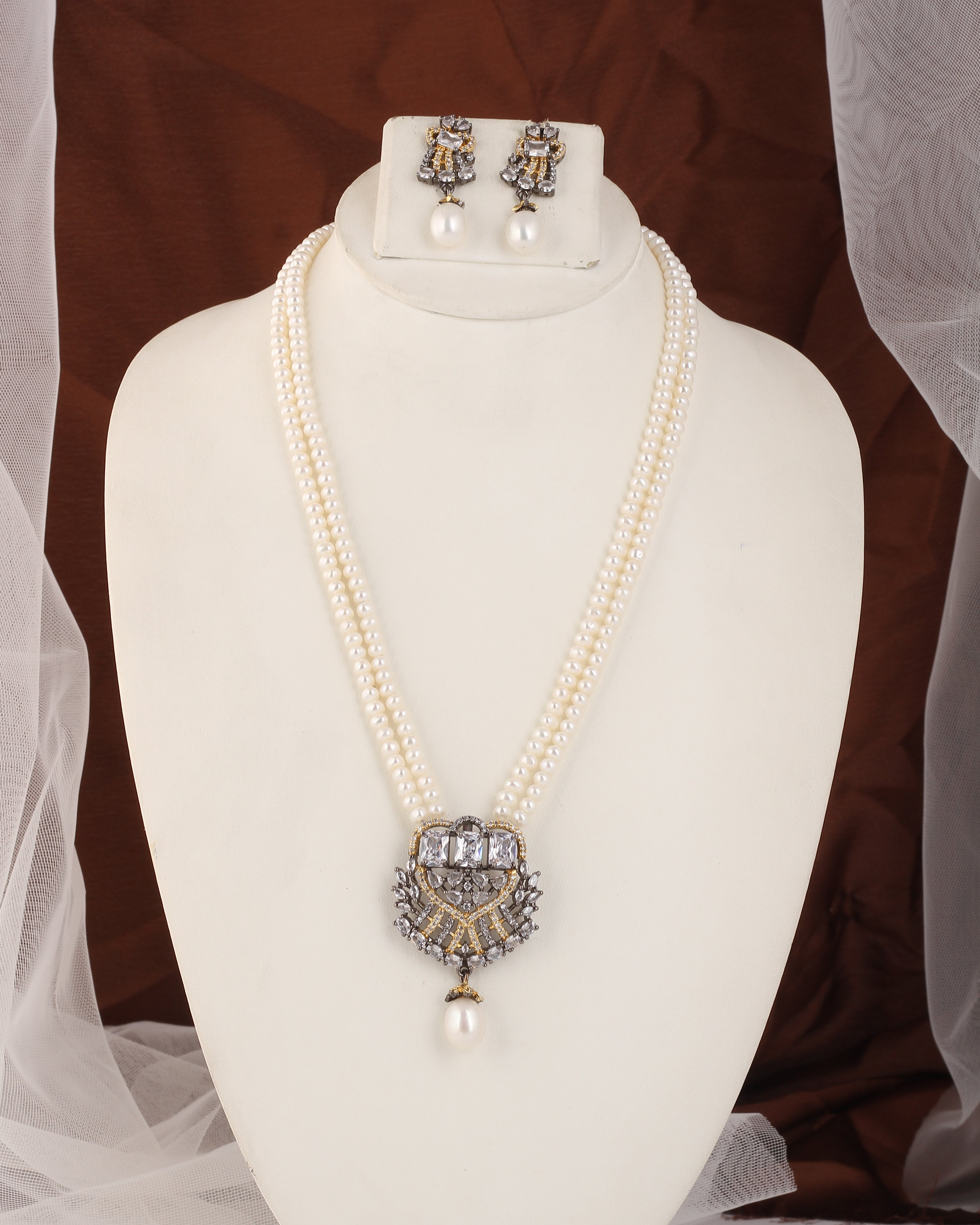 Authentic Real Natural Fresh Water Double Line Pearl Set For Women With Certificate(D.No ADPRLS2534)