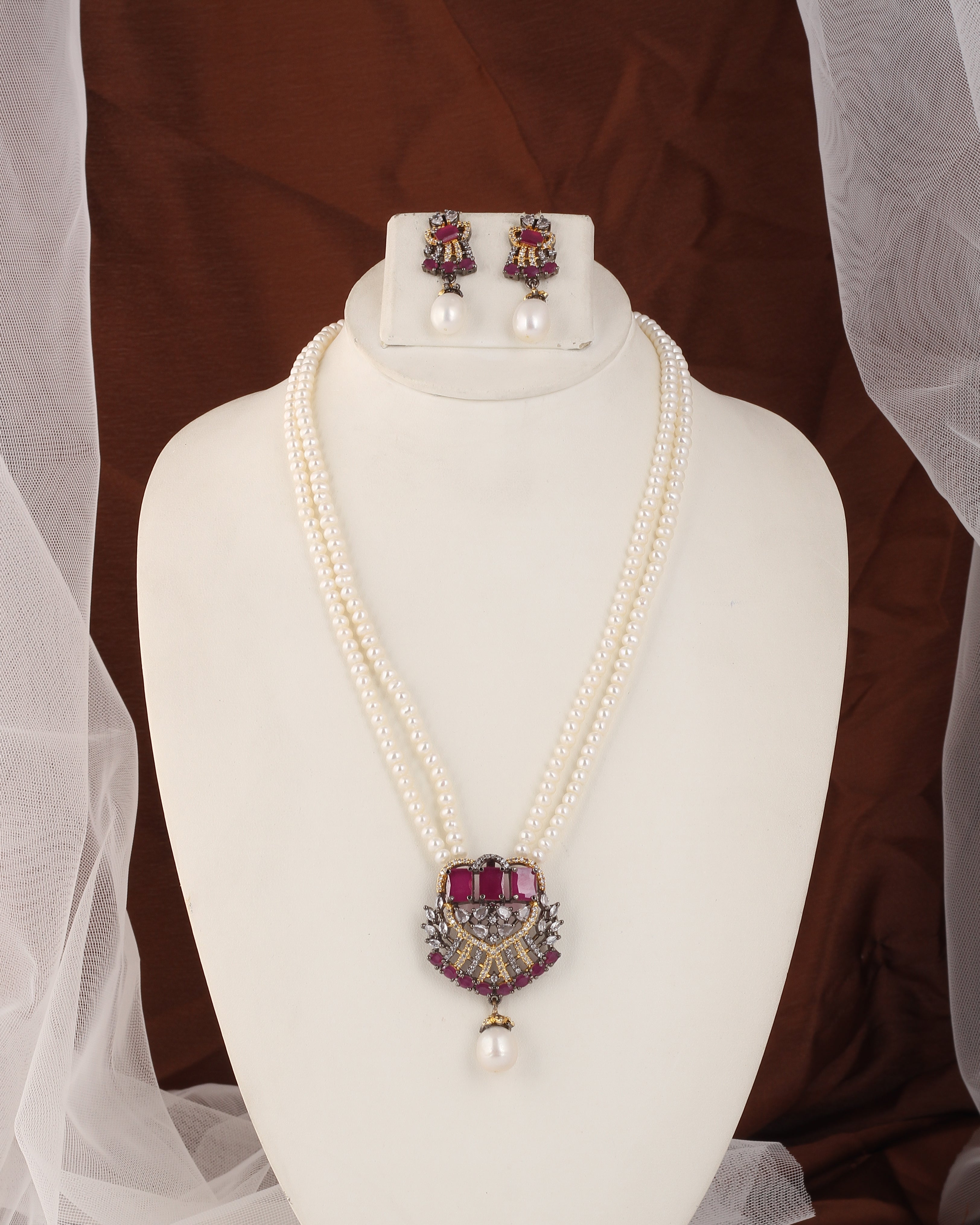 Authentic Real Natural Fresh Water Double Line Pearl Set For Women With Certificate(D.No ADPRLS2535)