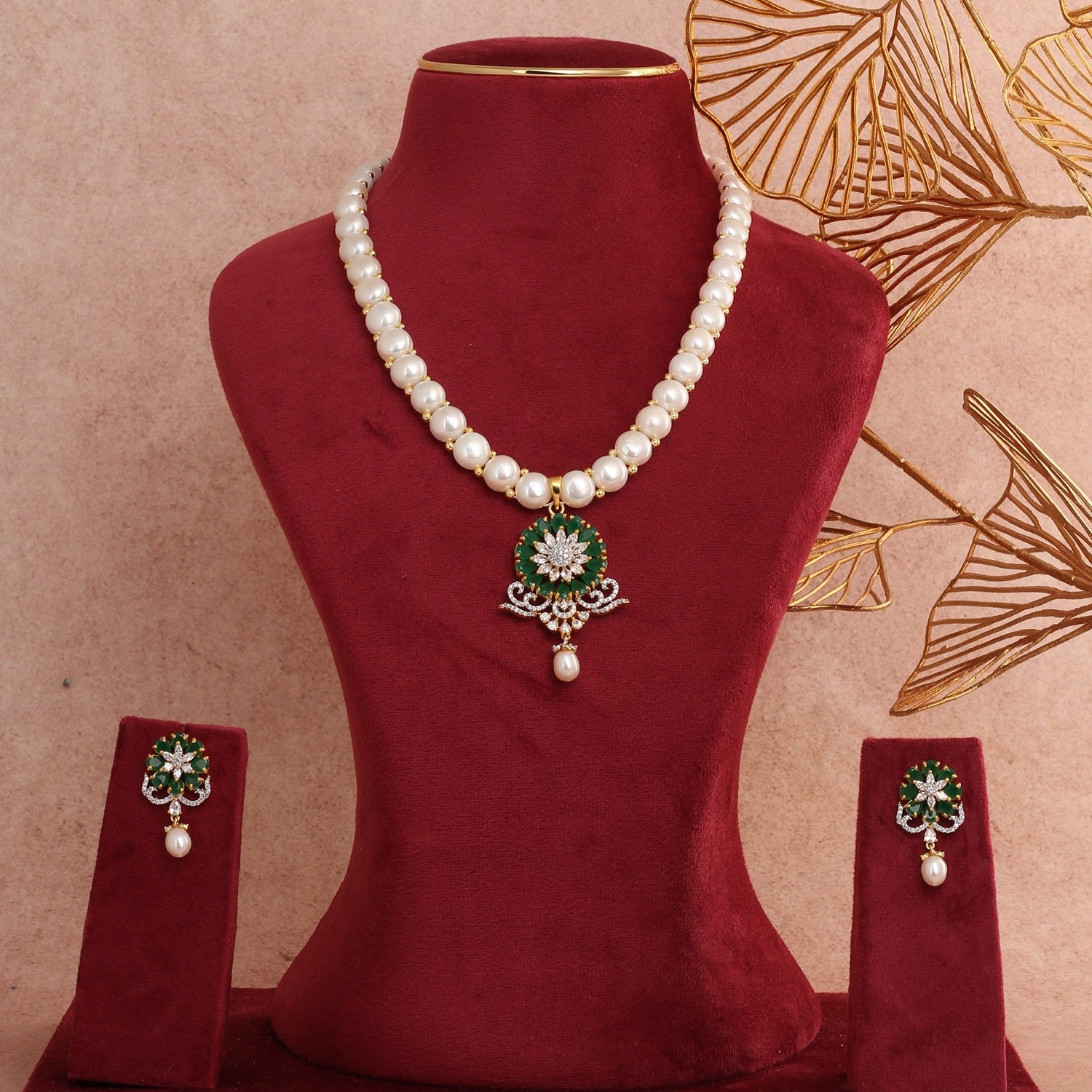 Hand crafted Natural Freshwater Button Pearl Jewelry Set With Certificate(D.No ADPRLS2729)