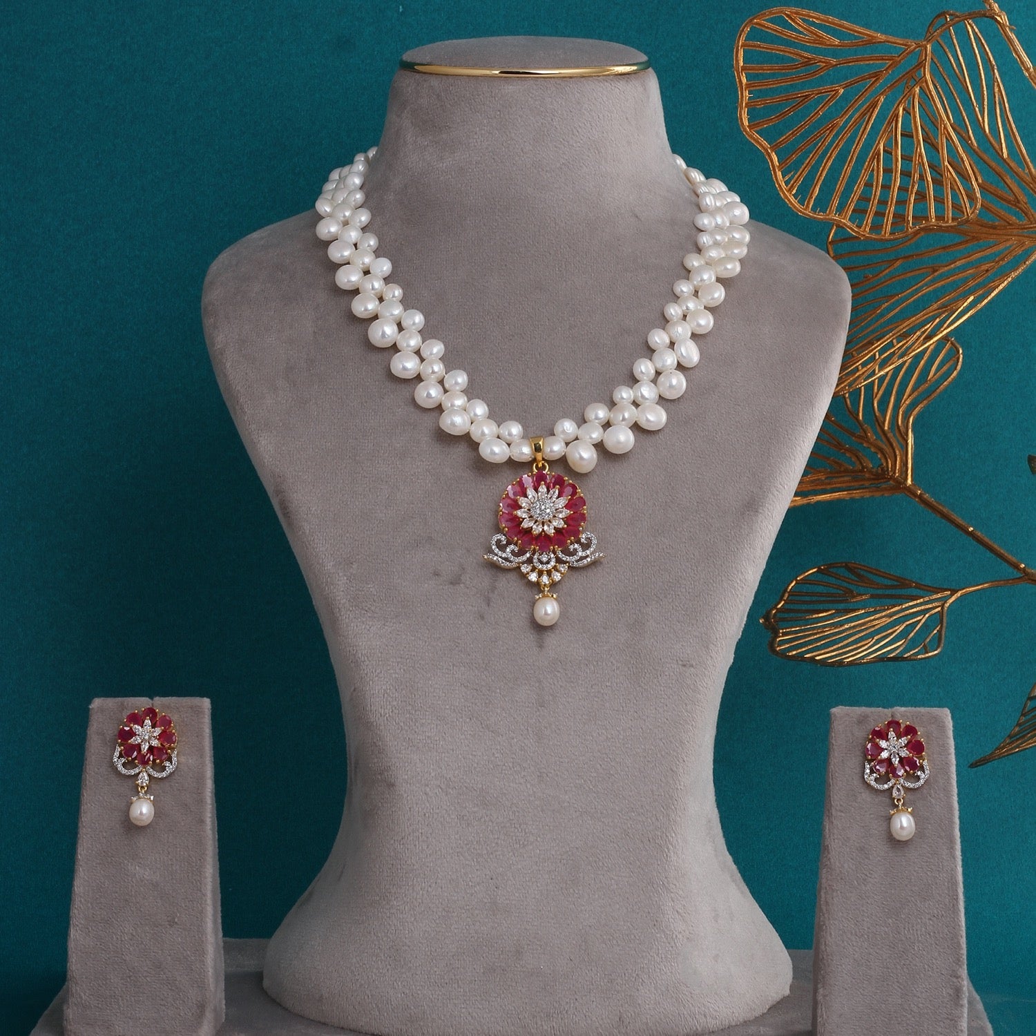 Hand crafted Natural Freshwater Button Pearl Jewelry Set With Certificate(D.No ADPRLS2730)