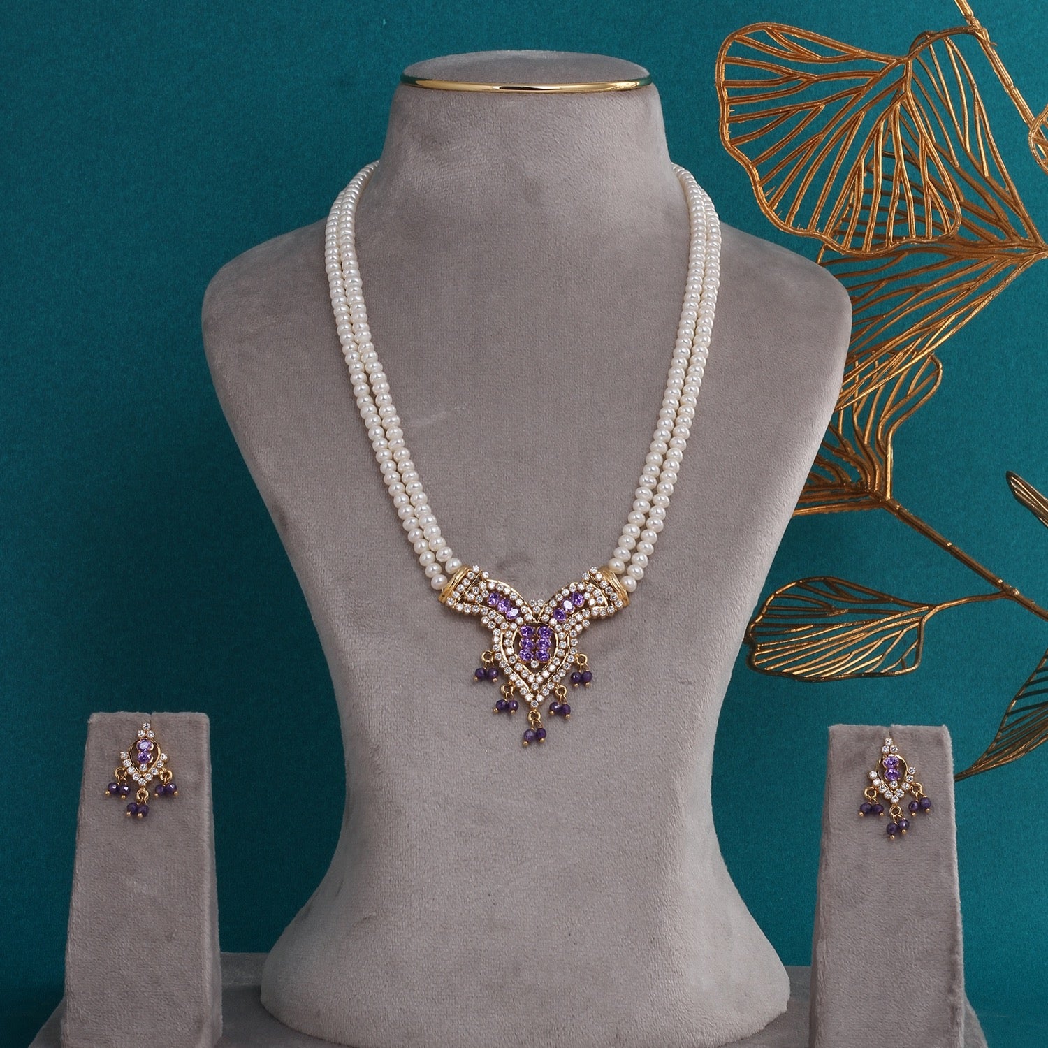 Handcrafted Double-String Authentic Pearl Jewelry Set With Certificate(D.No ADPRLS2766)