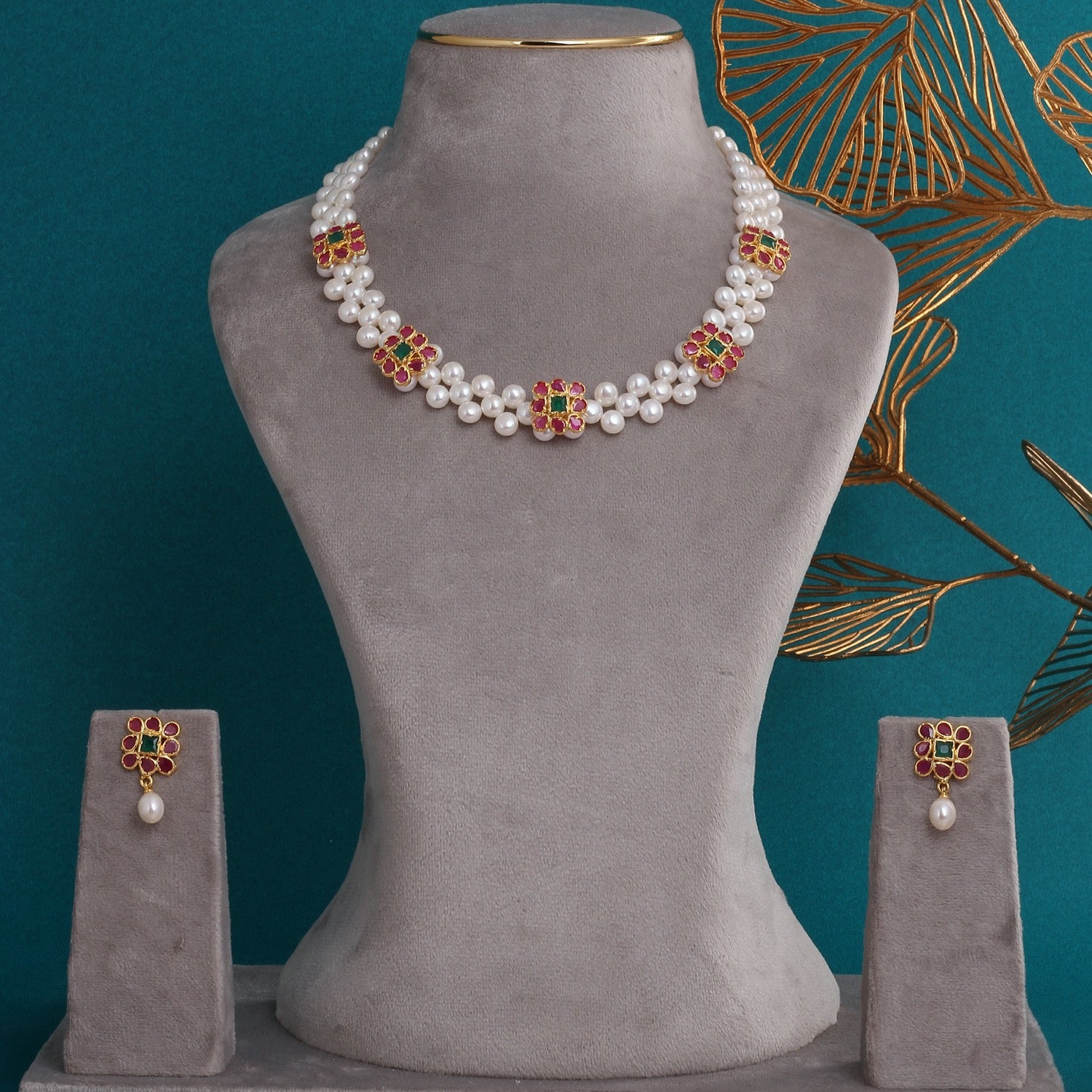 Certified Double-String Pearl Necklace Set with Ruby-Green Floral Stones & Pearl Drop Earrings(D.No ADPRLS2781)