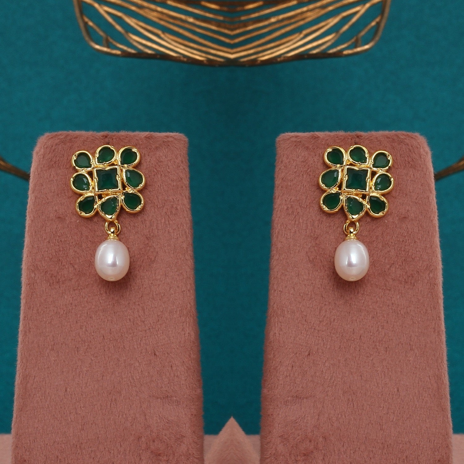 Certified Double-String Pearl Necklace Set with Green Floral Stones & Pearl Drop Earrings(D.No ADPRLS2782)