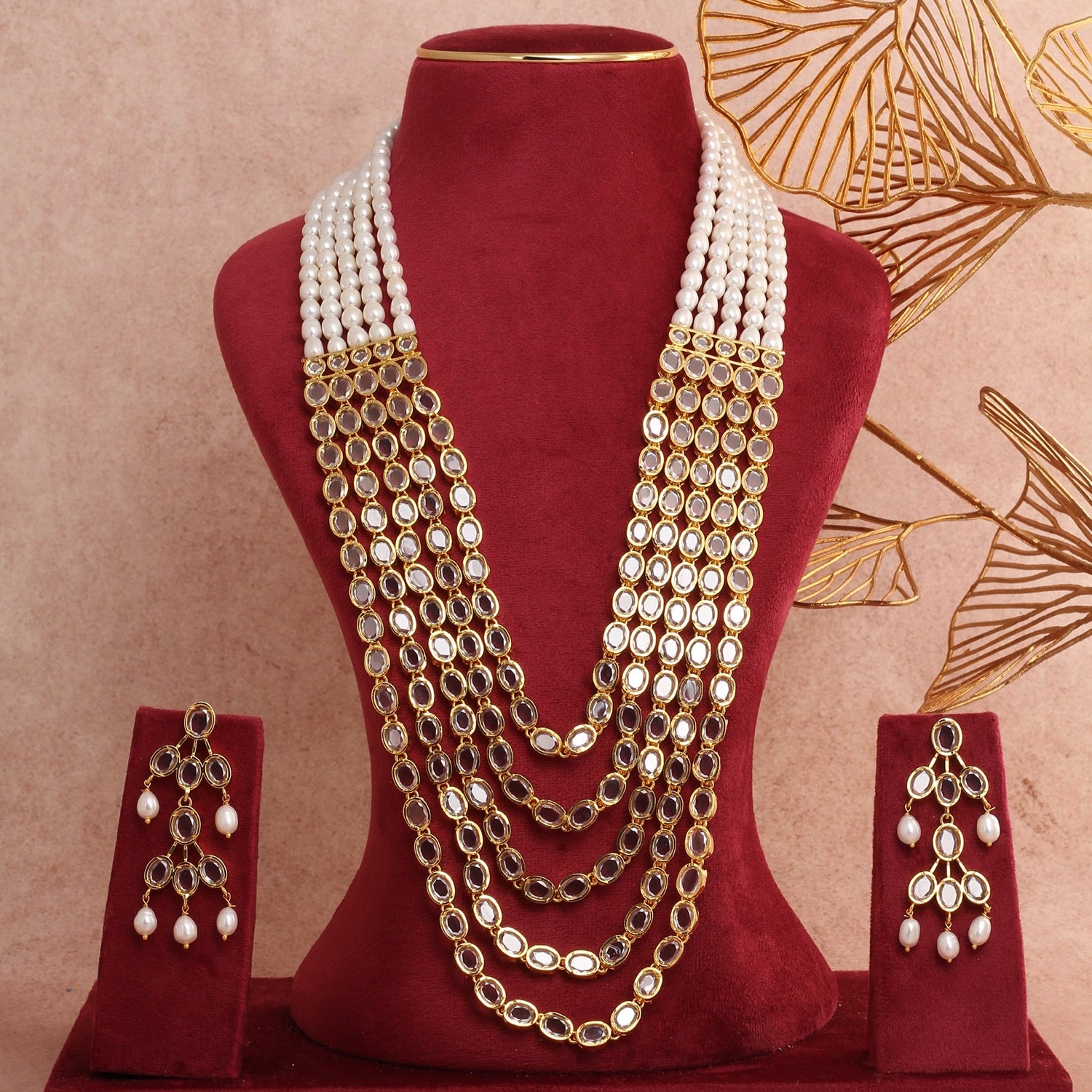 Traditional Indian Polki & Real Pearl Long Rani Haar Necklace Set With Certificate(D.No ADPRLS2788)
