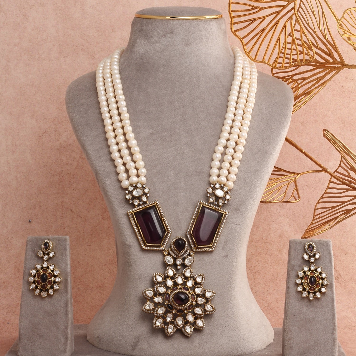 Victorian Style Kundan, Real Pearl, and Purple Stone Necklace Set With Certificate(D.No ADPRLS2789)