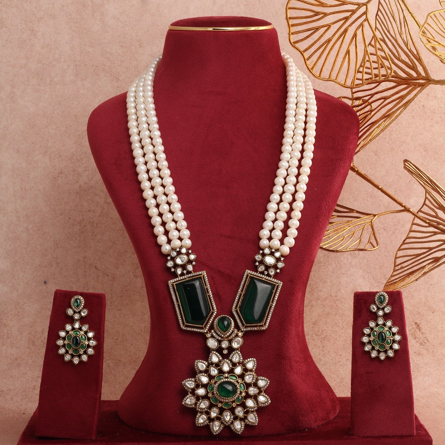 Victorian Style Kundan, Real Pearl, and Green Stone Necklace Set With Certificate(D.No ADPRLS2790)