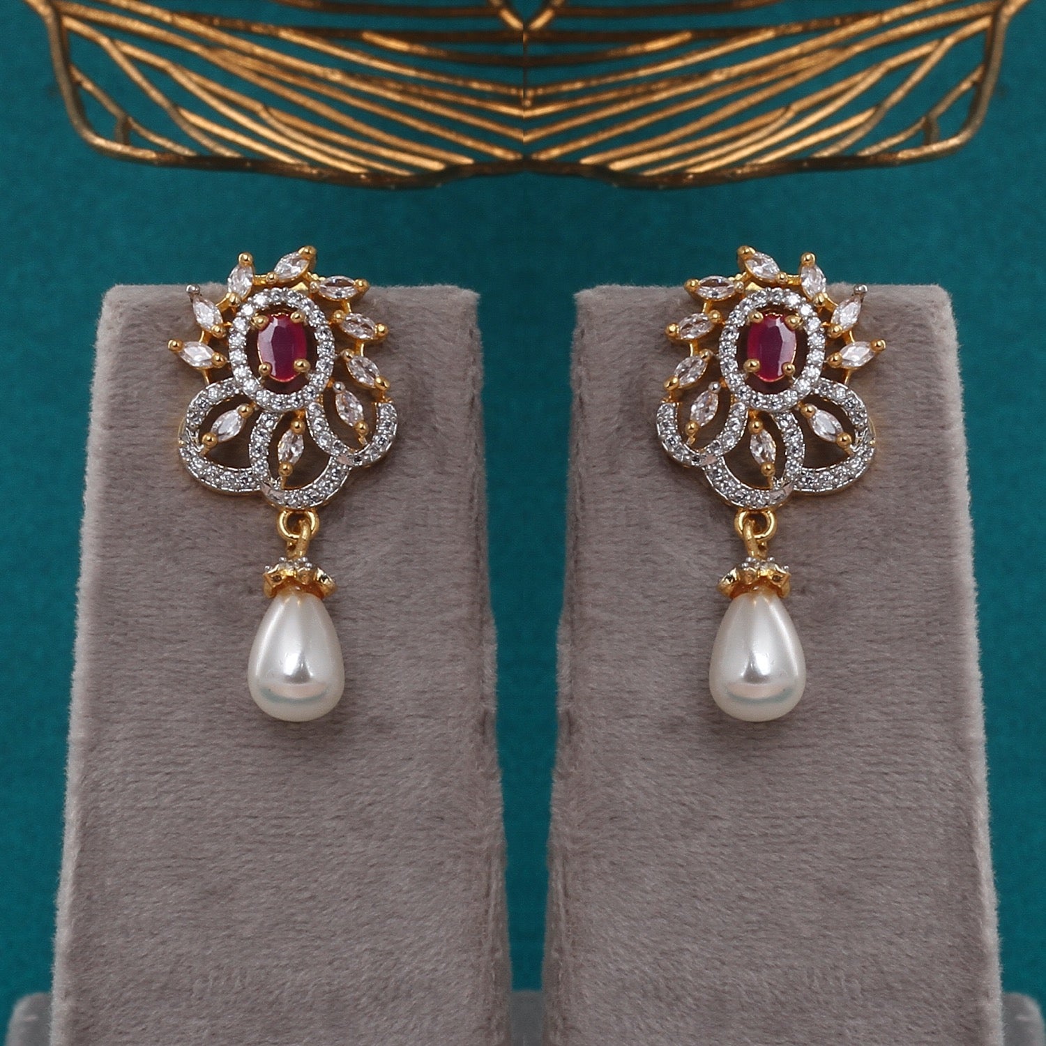 Handcrafted Dual-Layer Pearl Necklace with Ruby-Studded Floral Pendants & Earrings With Certificate(D.No ADPRLS2791)
