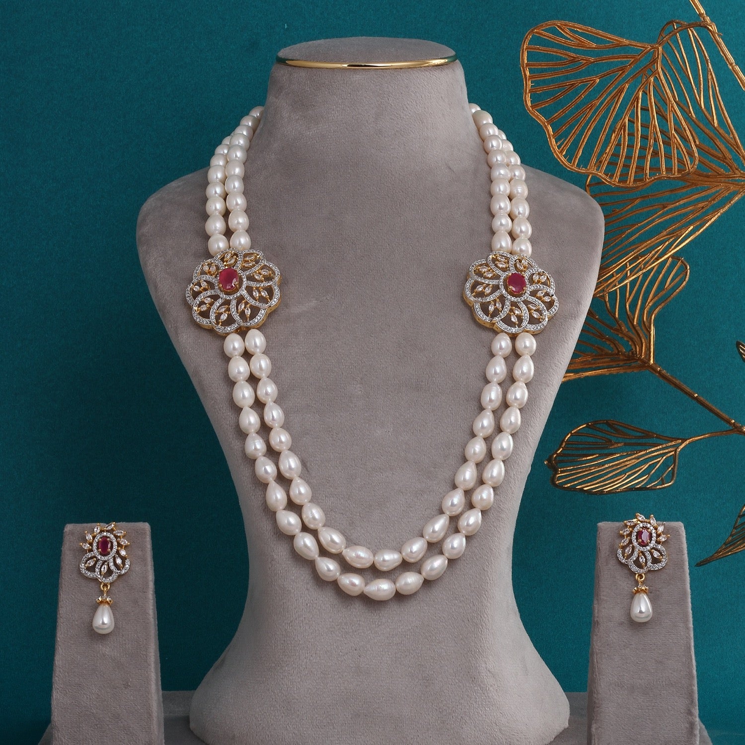 Handcrafted Dual-Layer Pearl Necklace with Ruby-Studded Floral Pendants & Earrings With Certificate(D.No ADPRLS2791)