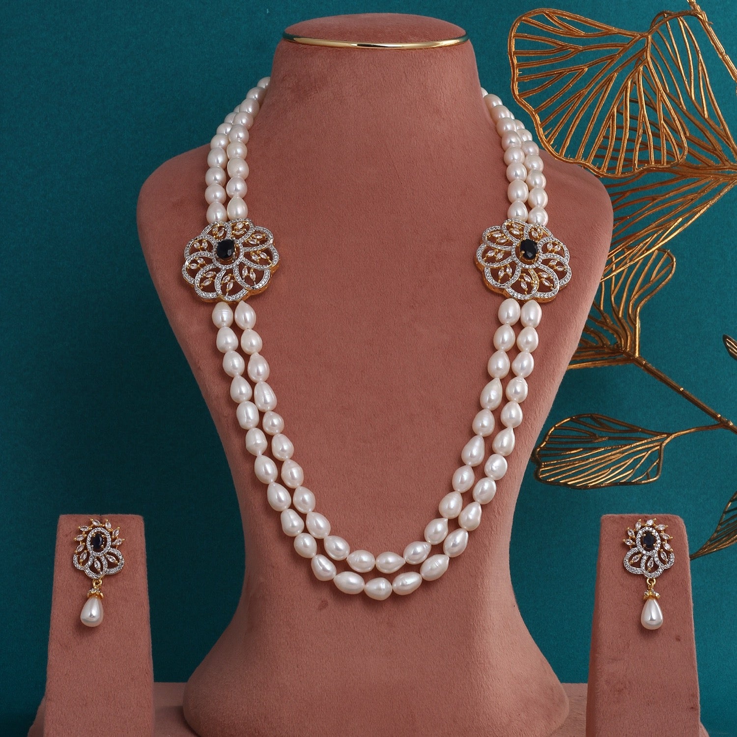 Handcrafted Dual-Layer Pearl Necklace with Blue Stone-Studded Floral Pendants & Earrings With Certificate(D.No ADPRLS2792)