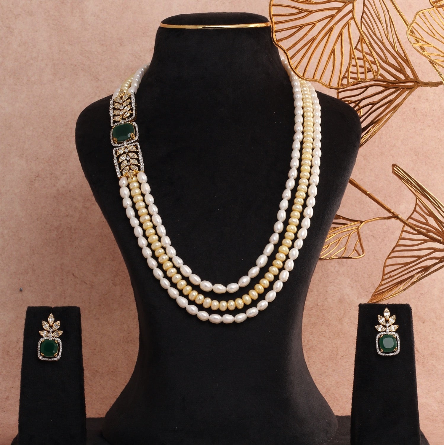Authentic Triple-Layer Pearls N Stone-Studded Necklace Set With Certificate(D.No ADPRLS2796)