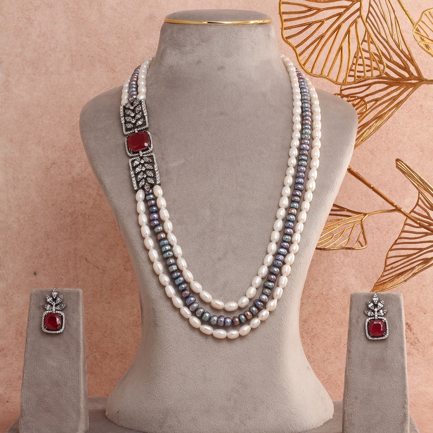 Authentic Triple-Layer Pearls N Stone-Studded Necklace Set With Certificate(D.No ADPRLS2797)