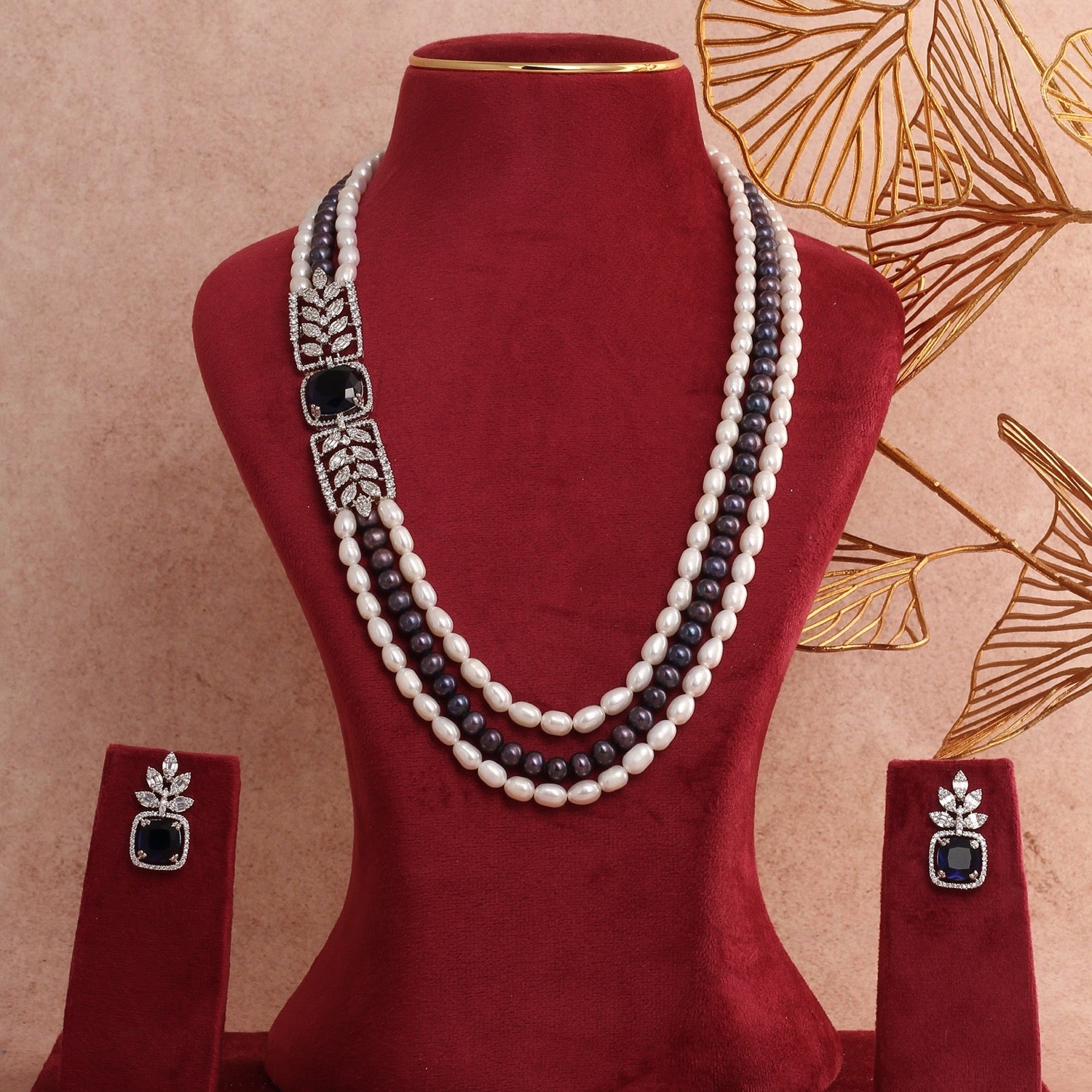 Authentic Triple-Layer Pearls N Stone-Studded Necklace Set With Certificate(D.No ADPRLS2798)