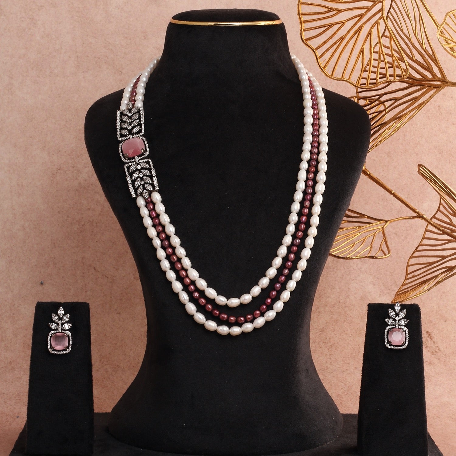 Authentic Triple-Layer Pearls N Stone-Studded Necklace Set With Certificate(D.No ADPRLS2799)