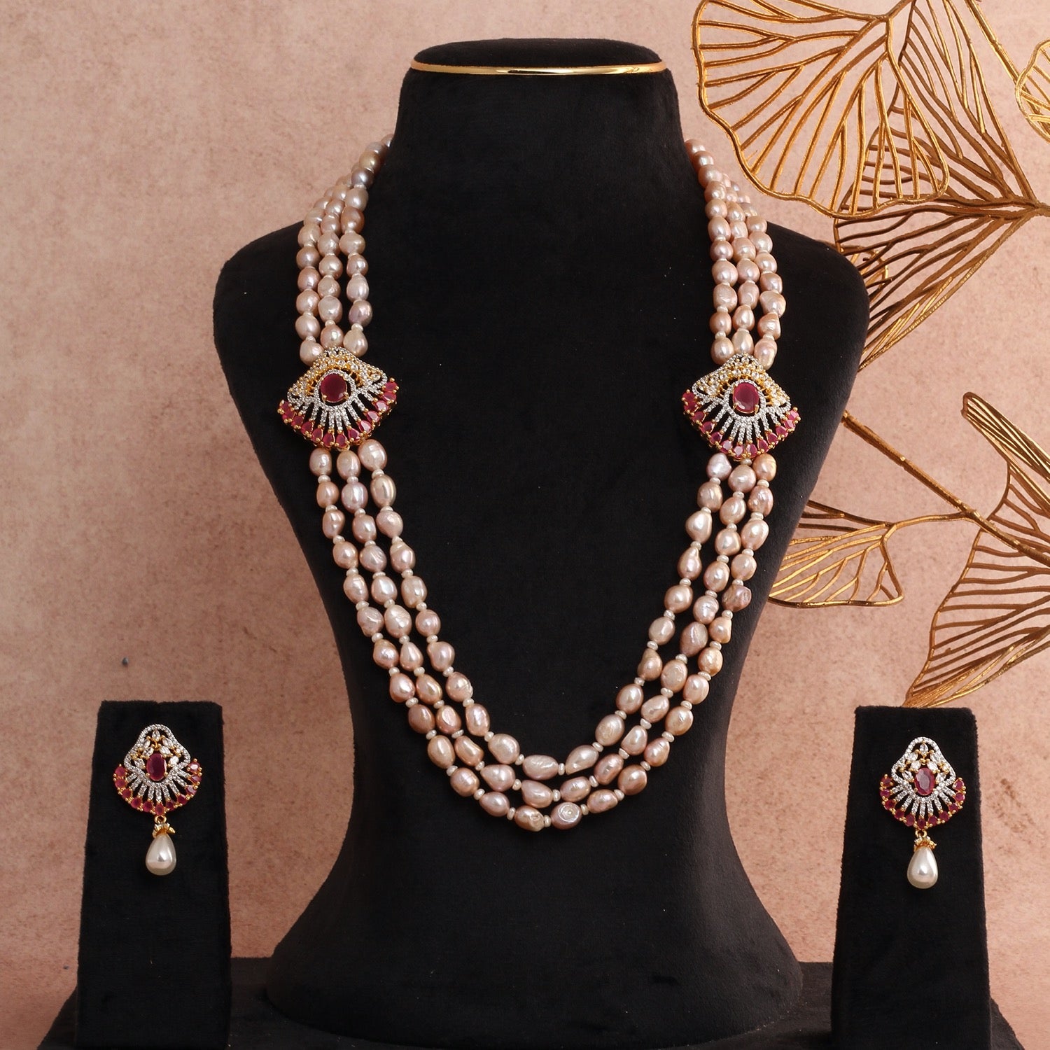 Authentic Triple-Layer Barook Pearls Necklace Set With Certificate(D.No ADPRLS2800)