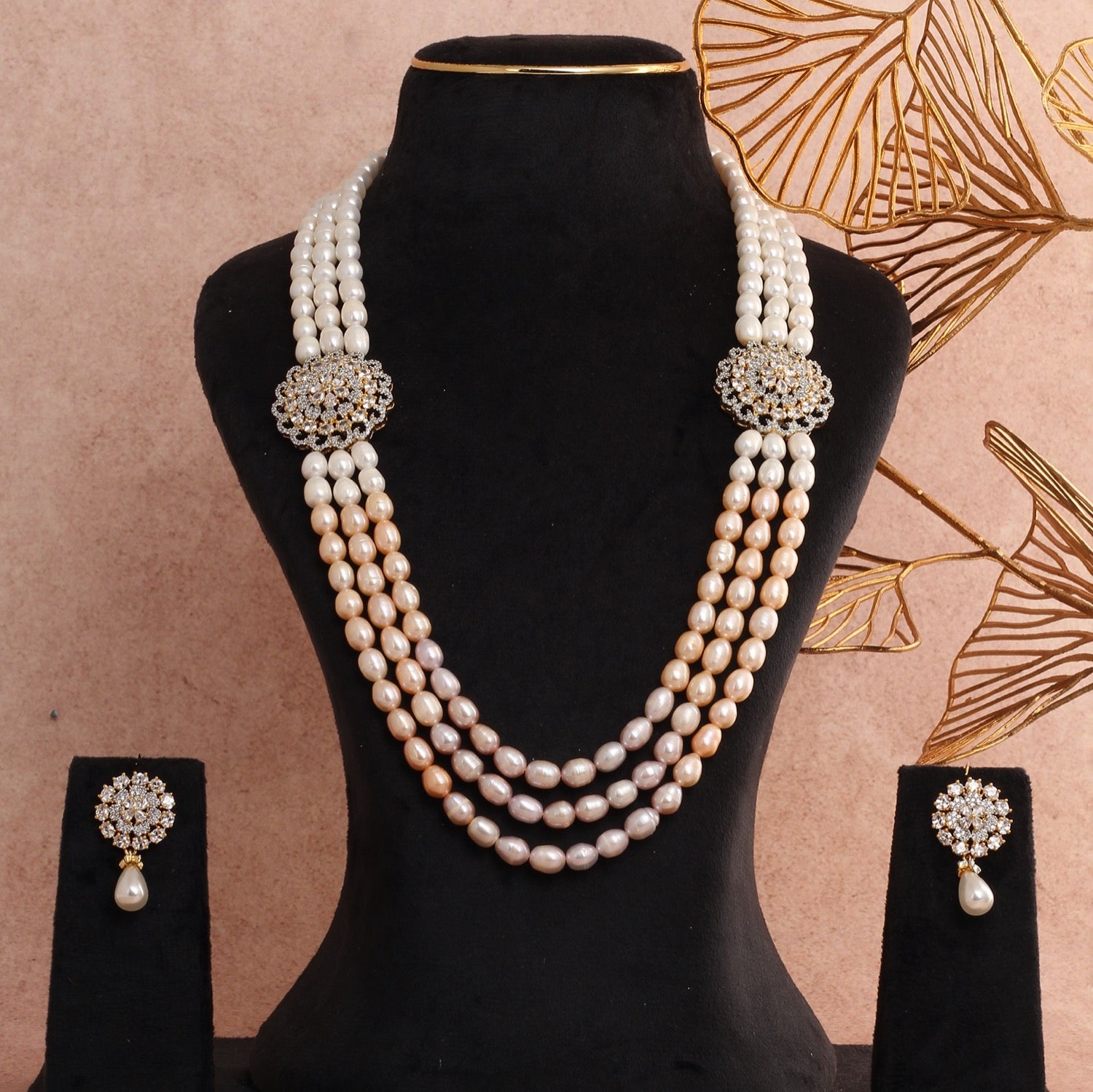 Classic Multi-Color Real Pearl Necklace Set With Pearl Drop Earrings For Women Girls With Certificate(D.No ADPRLS2805)