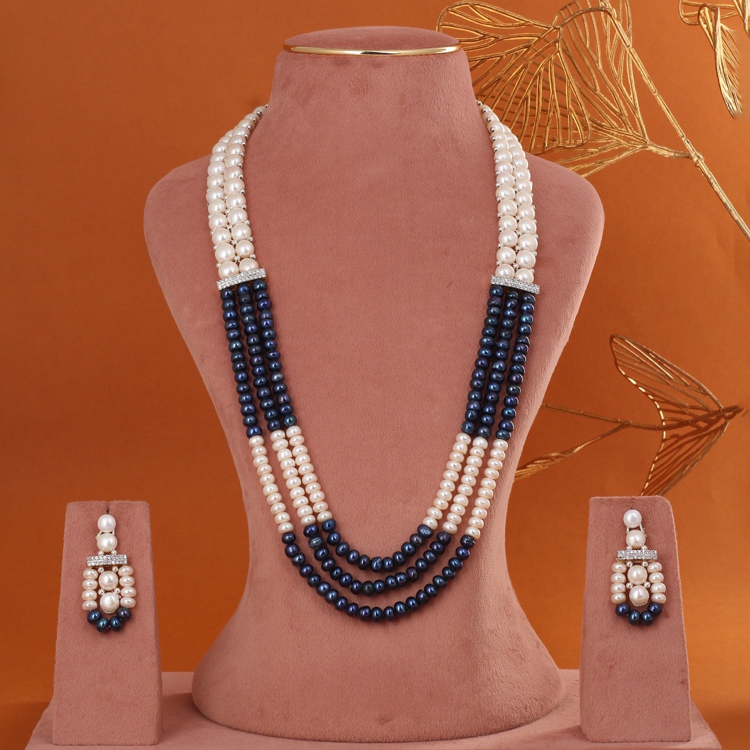 Real Natural Fresh Water Triple String Black N White Pearl Set With Certificate(D.No ADPRLS2848)