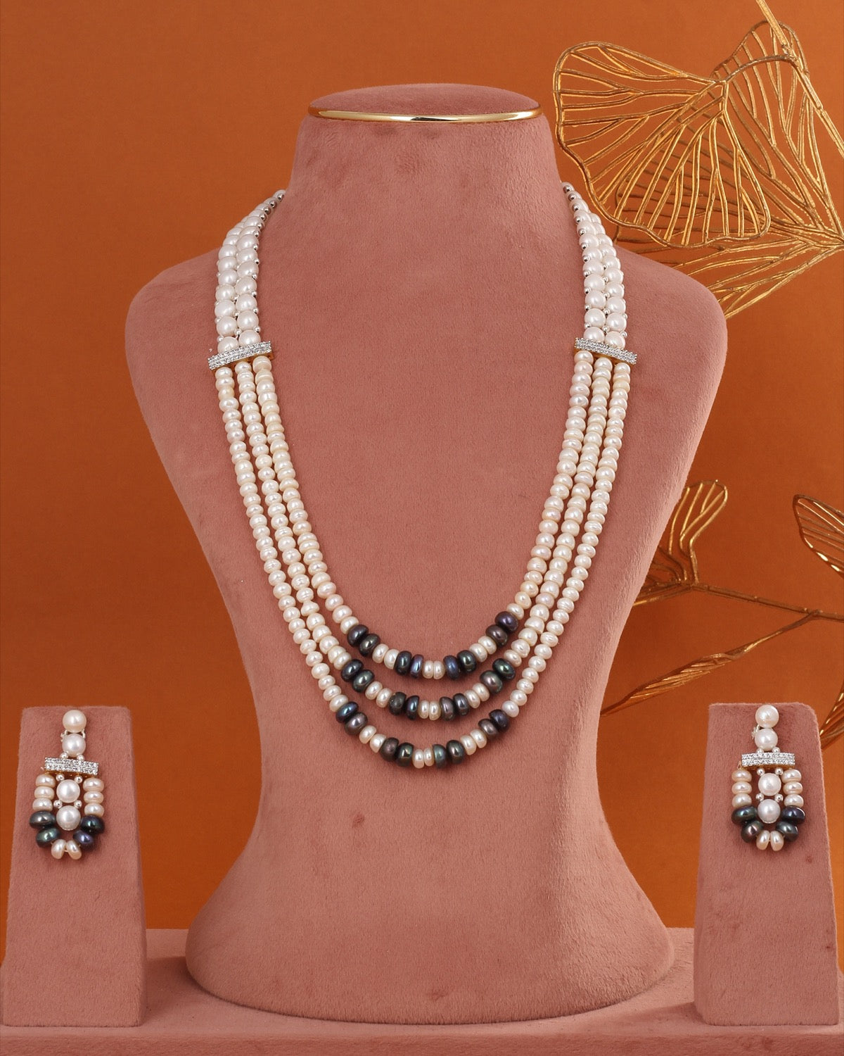 Real Natural Fresh Water Triple String White N Black Pearl Set With Certificate(D.No ADPRLS2852)