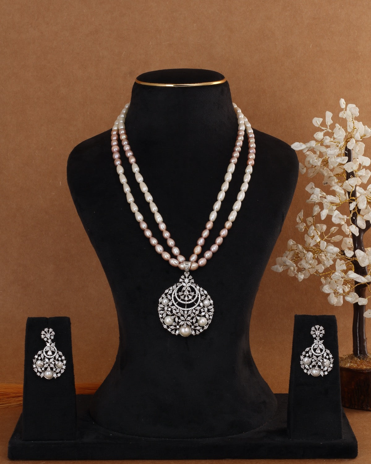 Real Double Line Natural Freshwater Pearl Necklace Set For Women With Certificate(D.No ADPRLS2943)