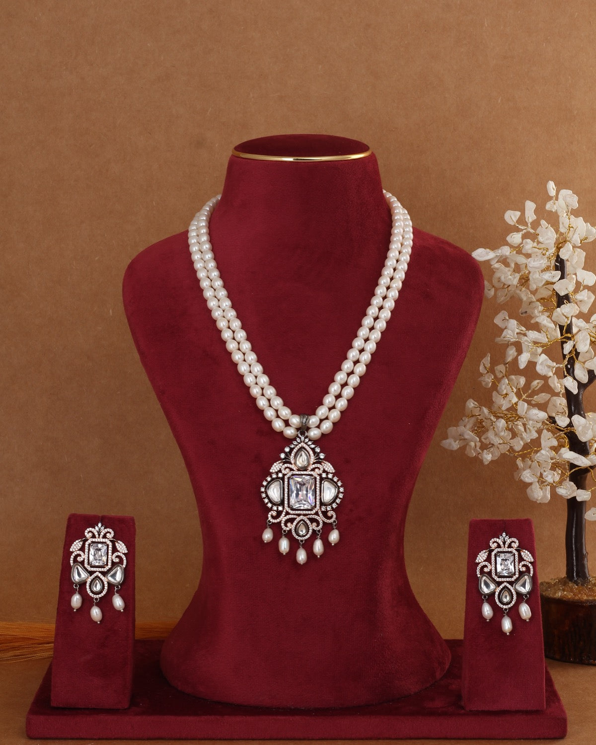 Real Double Line Natural Freshwater Pearl Necklace Set For Women With Certificate(D.No ADPRLS2944)