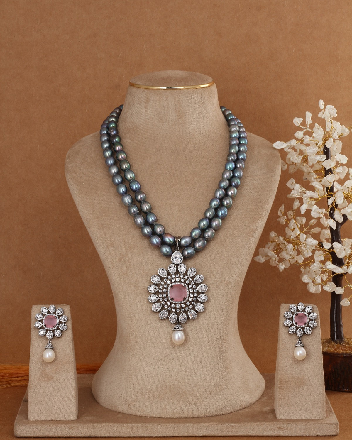 Real Double Line Natural Freshwater Pearl Necklace Set For Women With Certificate(D.No ADPRLS2948)