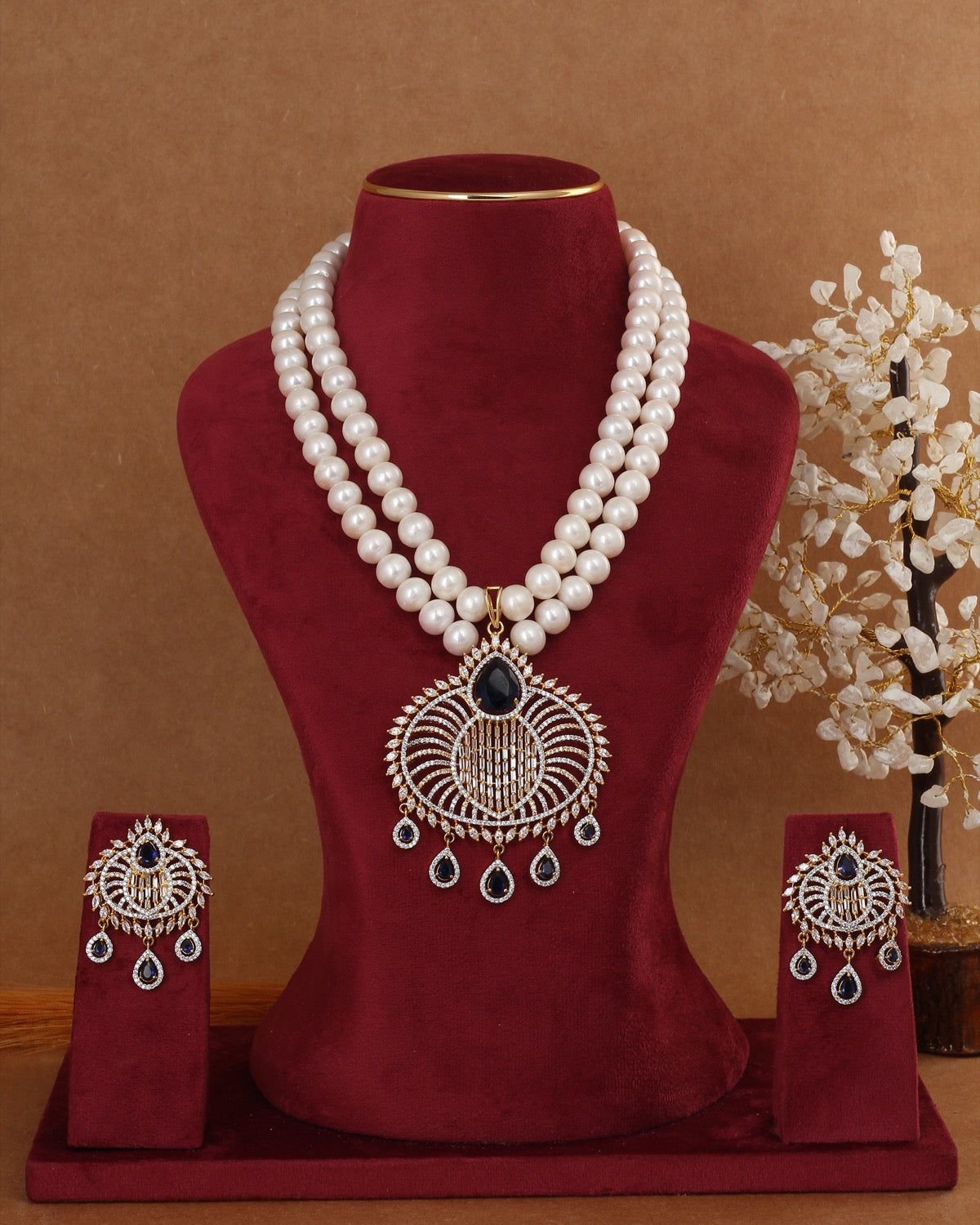 Real Double Line Natural Freshwater Pearl Necklace Set For Women With Certificate(D.No ADPRLS2949)