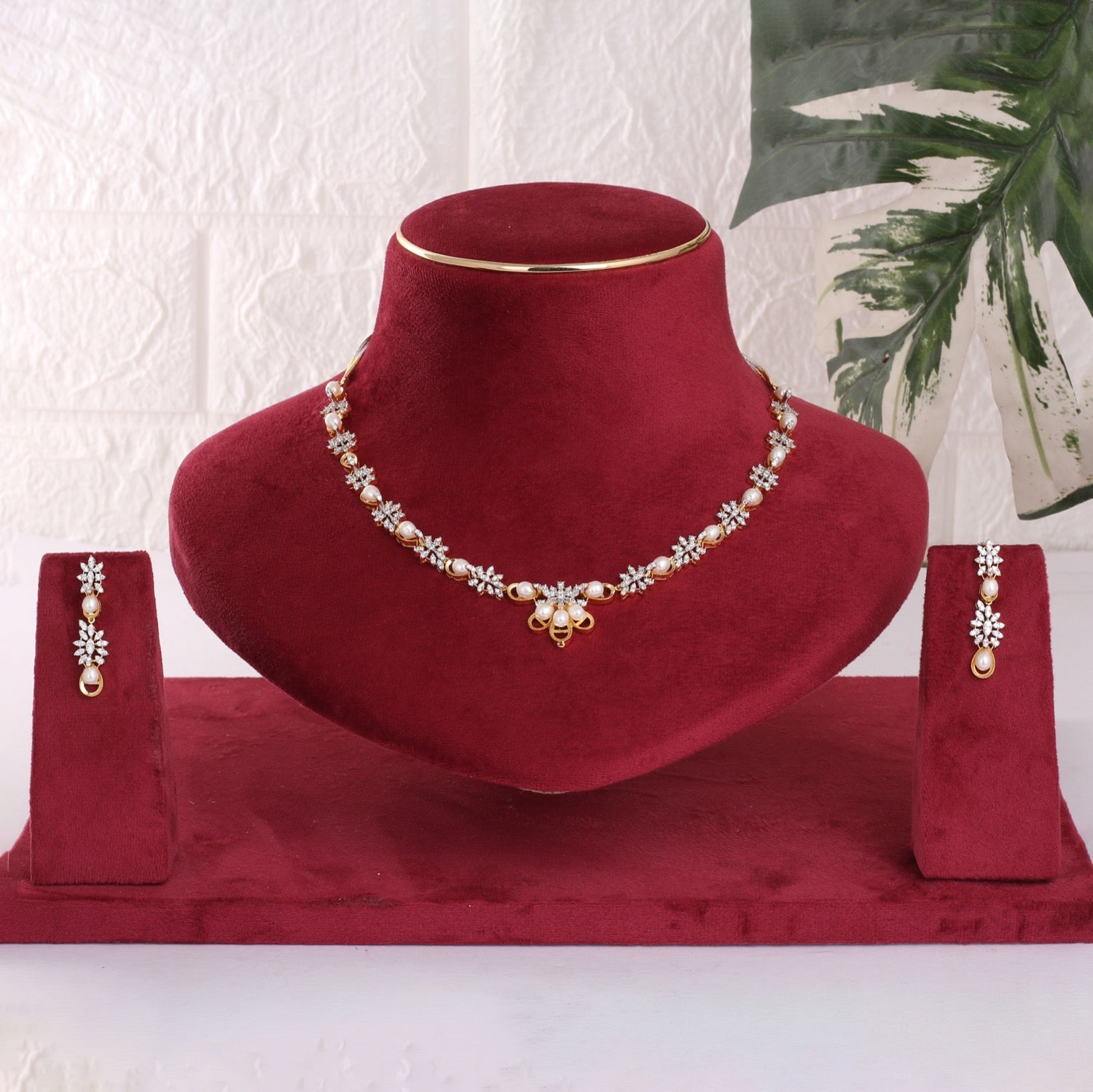 Cz Stone Studded Necklace Set With Real Pearl N Certificate(D.No ADPRLS3127)