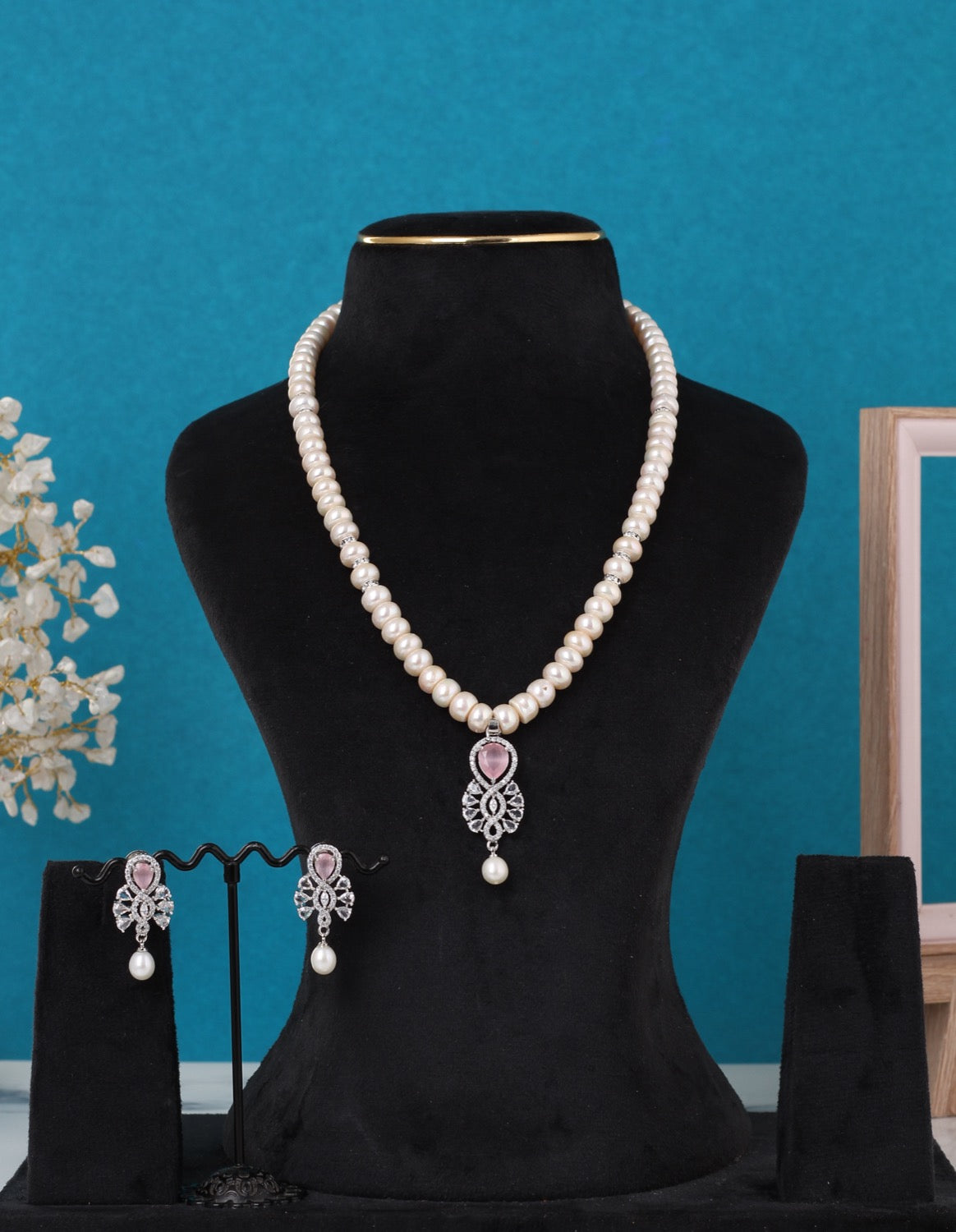 Single String Necklace Of Real Pearls Comes With CZ Pendant Set n Certificate(D.No ADPRLS3198)
