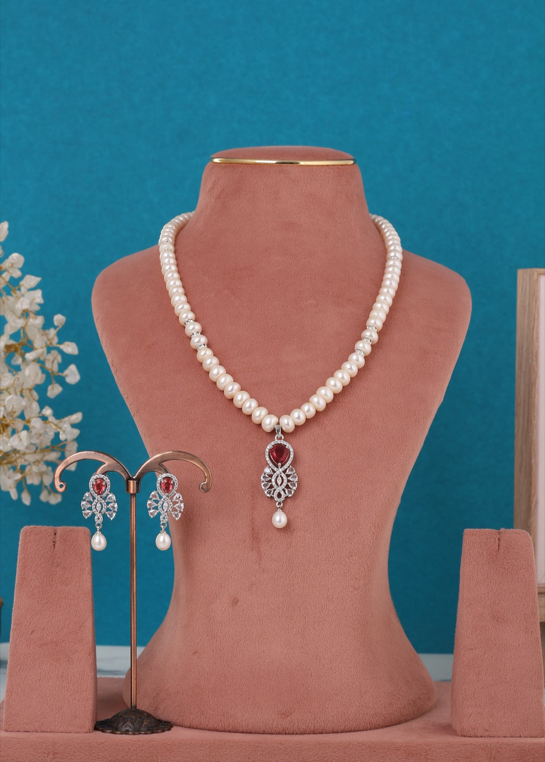 Single String Necklace Of Real Pearls Comes With CZ Pendant Set n Certificate(D.No ADPRLS3207)